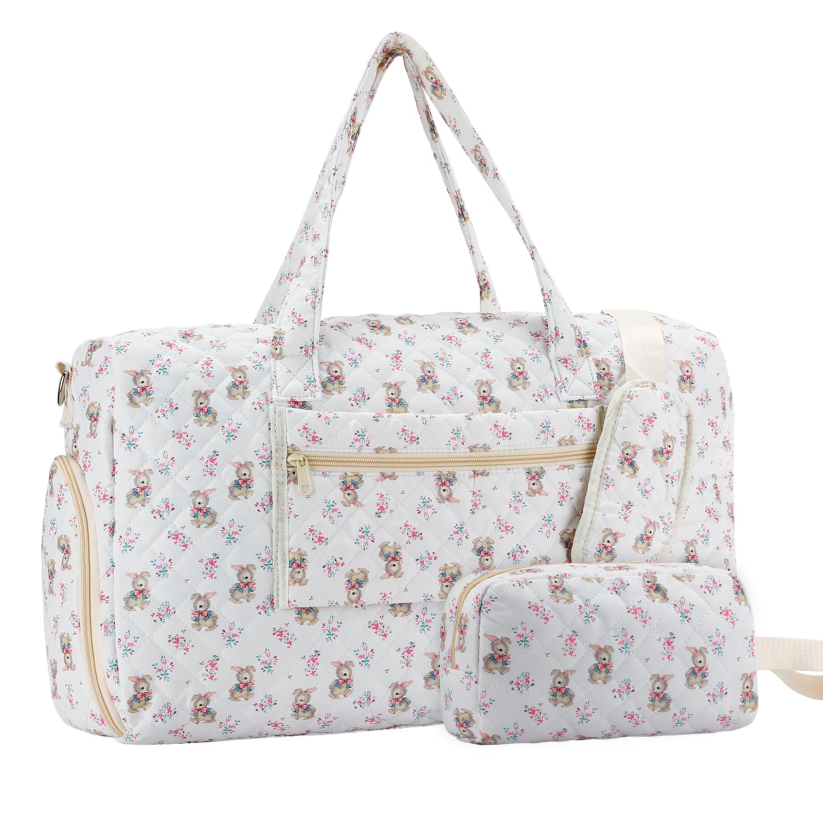 Large Quilted Travel Duffle Bag for Women Coquette White Pink Floral Sweetly Bunny Portable Gym Lightweight Weekender Bag Grocery Pouch Workout