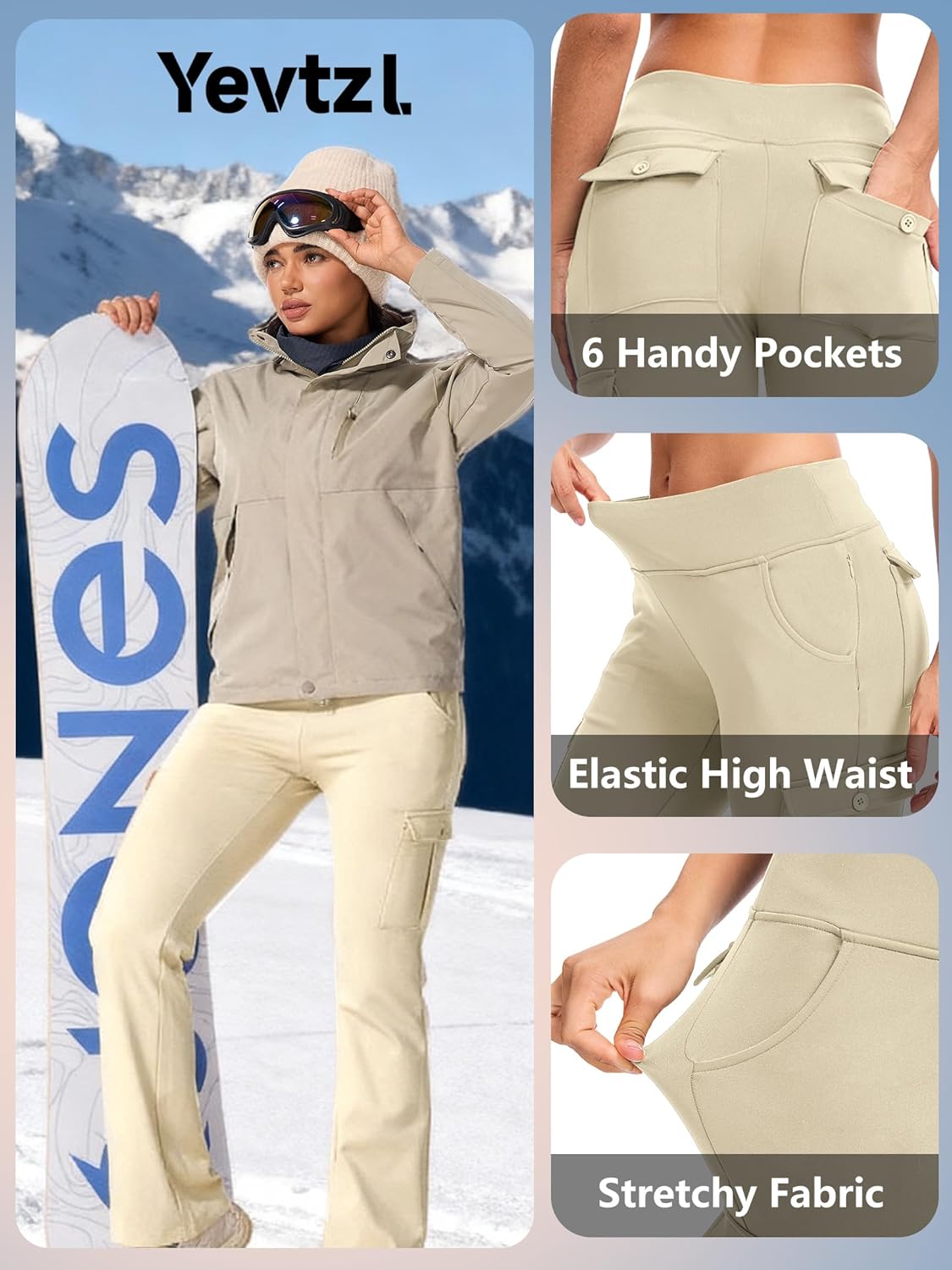 Women's Fleece Lined Cargo 6 Pockets Pants Winter Warm Water Resistant Bootcut Pant Thermal Flare Leggings Outdoor for Hiking - Image 4