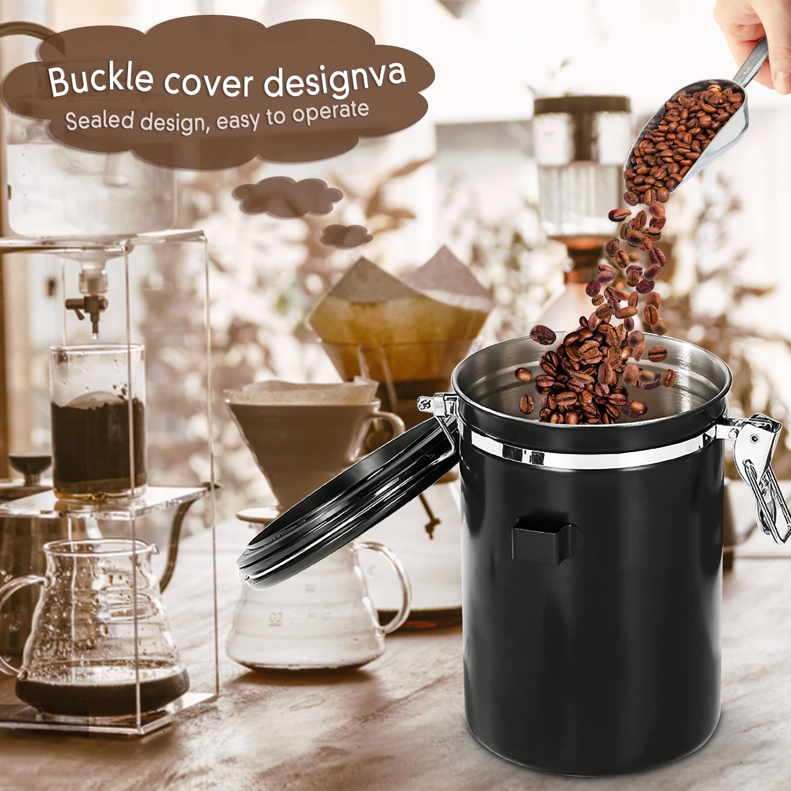 Purpledi Bote para Café, Bote de Café de Acero Inoxidable, 1.8L Tarro de Café Hermético para Cafe Grano o Cafe Molido etc-Negro (A)