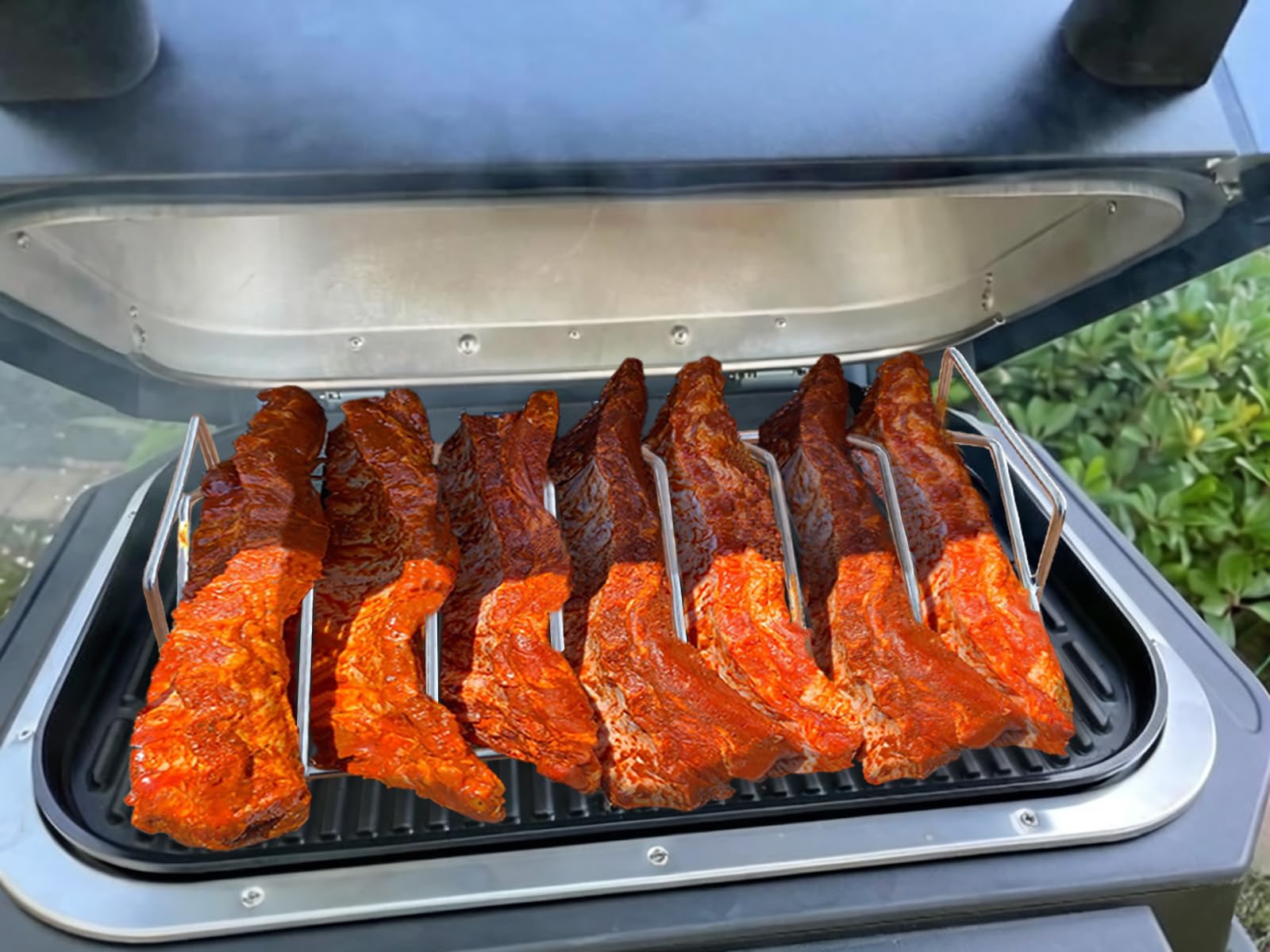 Supporto per Costine & Cestello per Barbecue Ninja Woodfire XL OG850/OG901，Griglia antiaderentea Forma di V per Pollos, Acciaio Inox 304 più Spesso