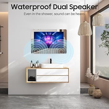 SYLVOX 32 inch Bathroom TV, 1080P Mirror Television with Google OS NTSC & ATSC Tuner WiFi Bluetooth Voice Remote, IP66 Waterproof Magic TV for Bathroom Bathtub Hotel Shower Spa (Wall Mount)