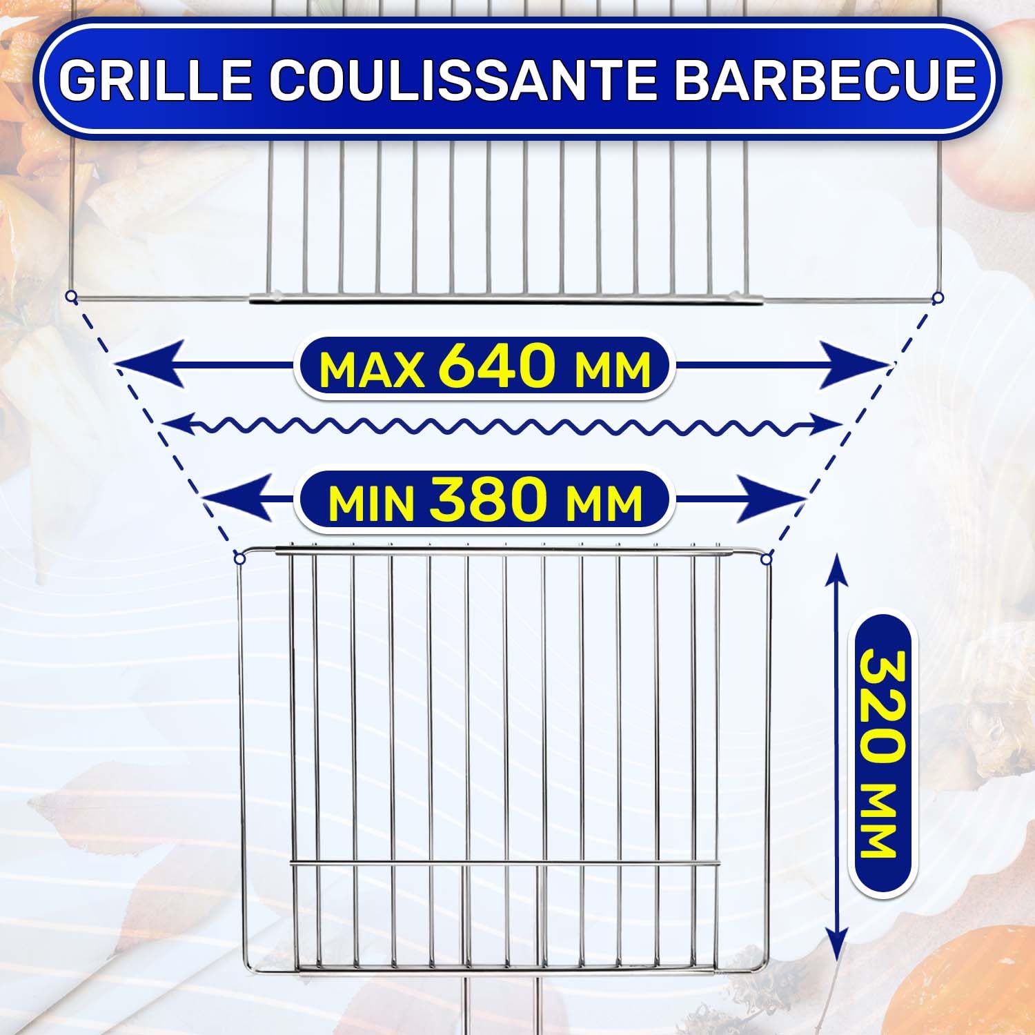 Grille de barbecue coulissante de 38 cm à 64 cm x 32 cm en acier inoxydable chromé et équipée de vis à tête fraisée et clé de montage – Fabriqué en Italie – Garantie 10 ans MONTERAL