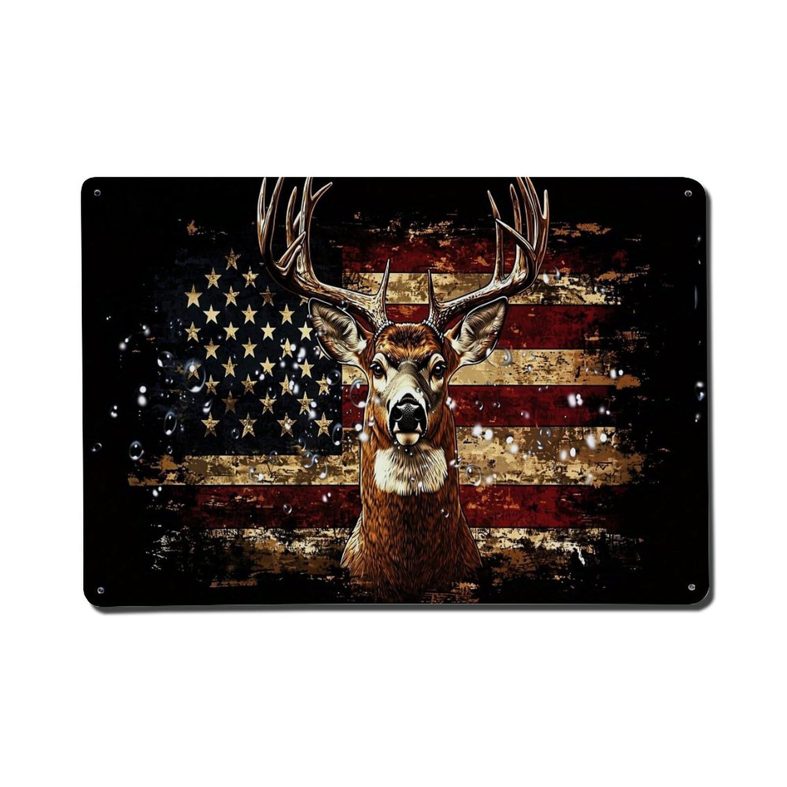 Deer On American Flag Background Metal Tin Sign Plaque