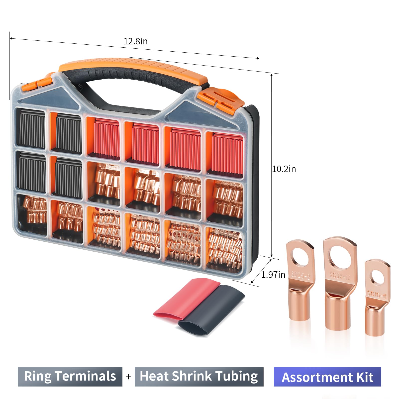 180 terminales de cable eléctrico de cobre grueso AWG2 4 6 8 10 12 calibre 12, terminales de anillo de terminales de anillo de extremo de batería, 240 piezas 3:1 kit surtido de tubos