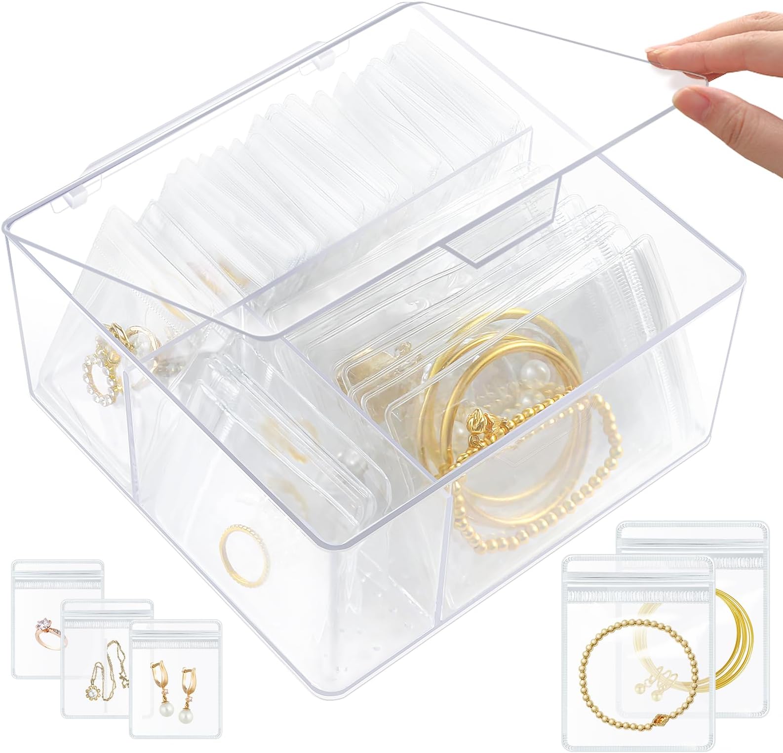 3-in-1 Acrylic Jewelry Box Organizer, Clear Jewelry Storage with 65 Portable Anti Tarnish Jewelry Bags, Drawer Organizer Case for Earrings/Rings/Bracelets/Necklaces for Women/Girls