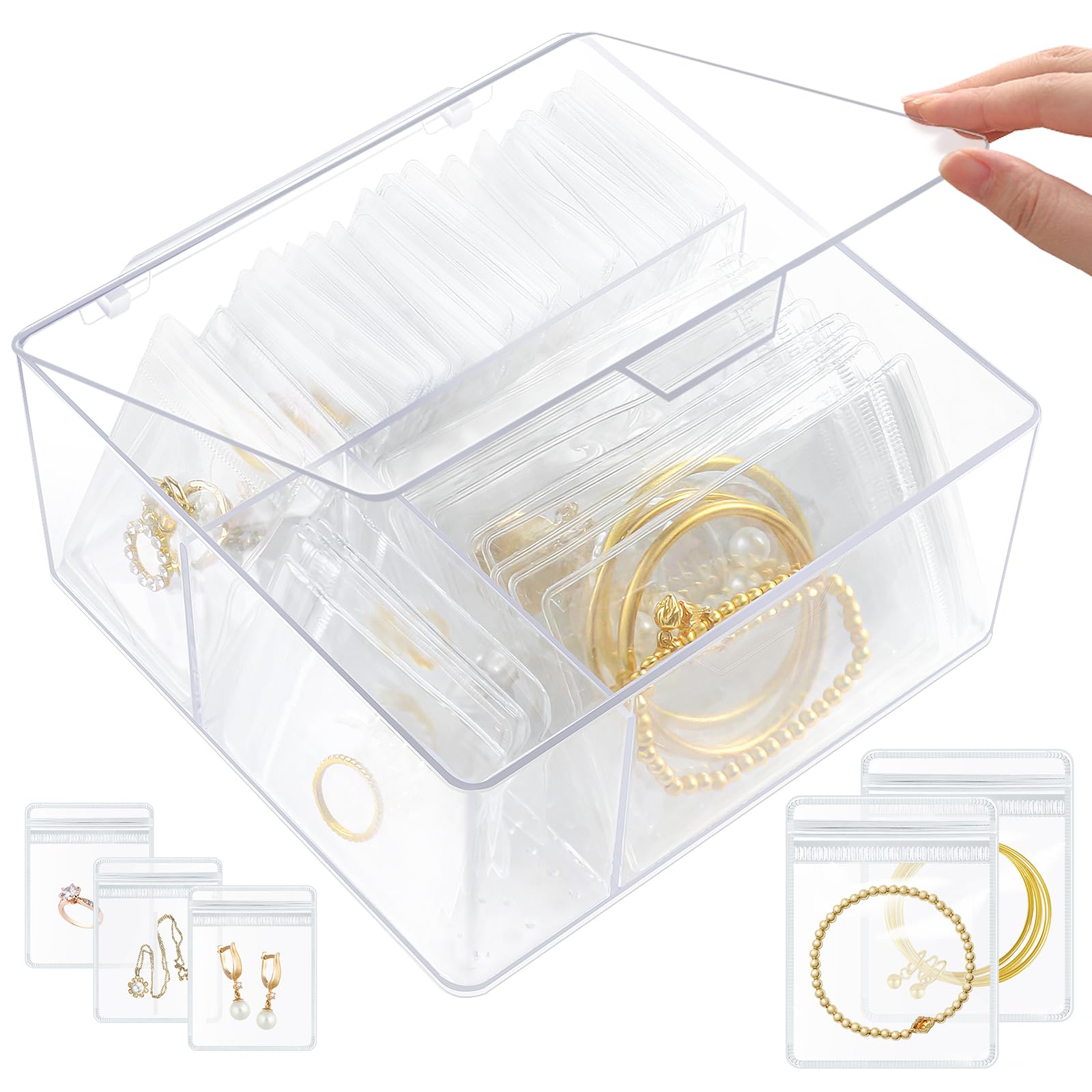 3-in-1 Acrylic Jewelry Box Organizer, Clear Jewelry Storage with 65 Portable Anti Tarnish Jewelry Bags, Drawer Organizer Case for Earrings/Rings/Bracelets/Necklaces for Women/Girls