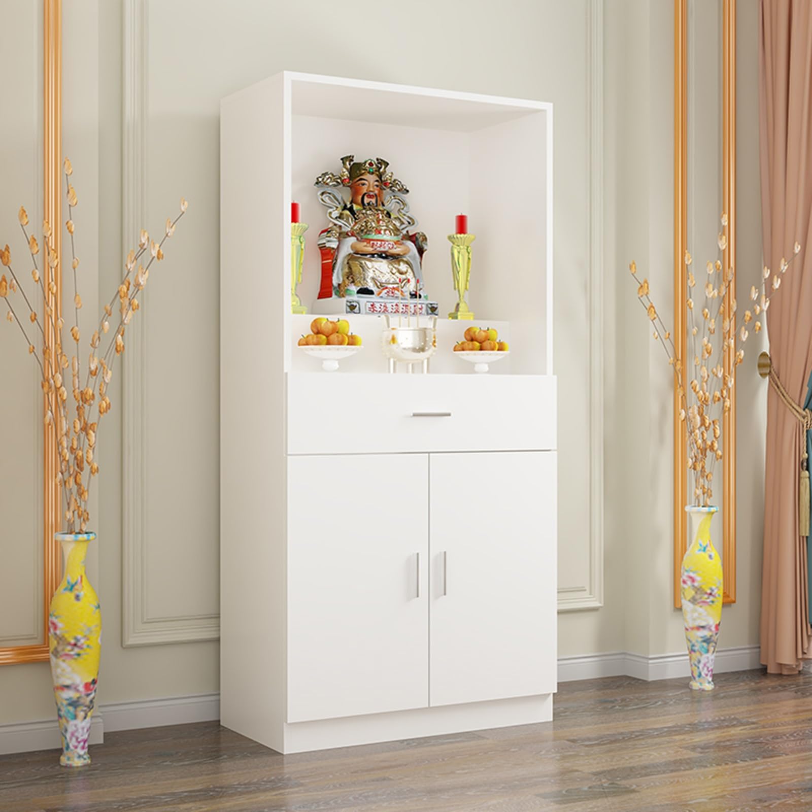 Mesa de meditación con Altar y Mueble de Almacenamiento, Pedestal Chino para ofrendas, Mesa de oración Budista, Ideal para Sala de Estar o Estudio (Blanco, 31,5 x 15,8 x 65,4 Pulgadas).