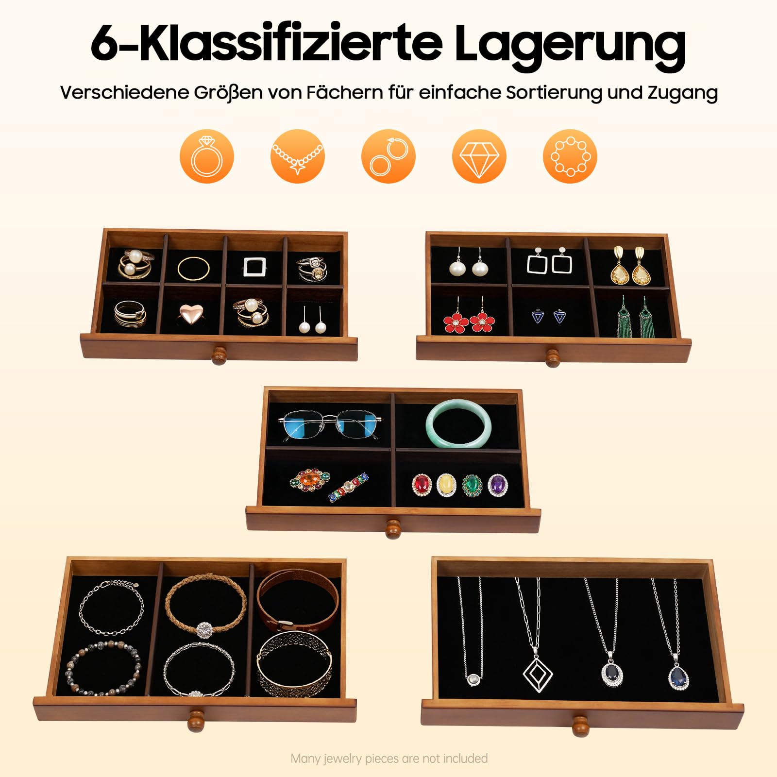 Schmuckkästchen Holz mit 6 Schubladen und Spiegel | Hochwertige Schmuckaufbewahrung, Samt-Innenfutter, Für Ketten, Ohrringe, Ringe und Armbänder