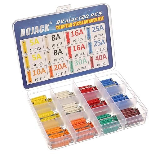 Miniatura 2 de BOJACK Juego de fusibles de torpedo de 8 tipos, 120 piezas, fusibles en forma de torpedo, fusible automotriz 5A, 8A, 10A, 16A, 20A, 25A, 30A, 40A,