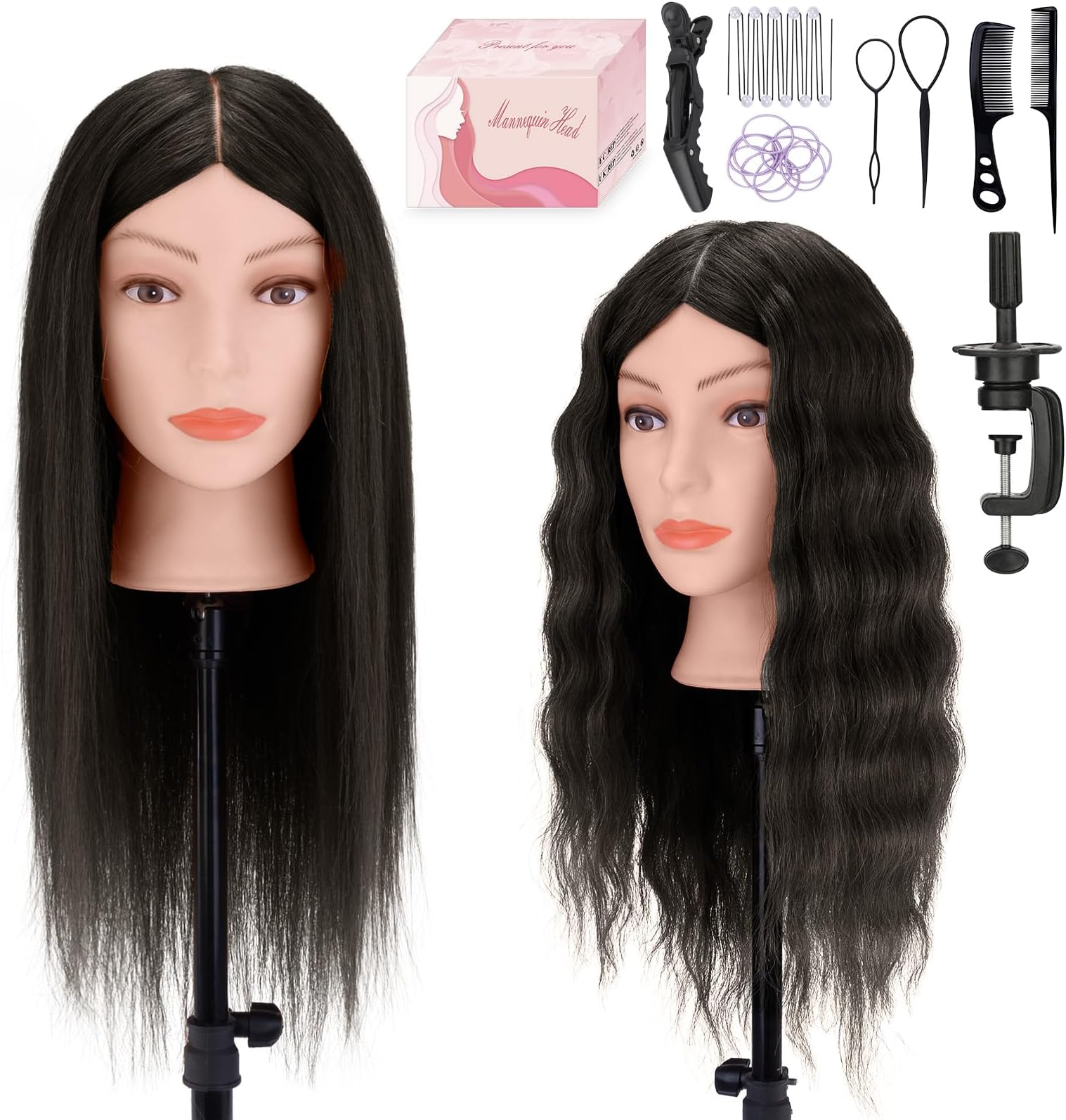 Mannequin Head 26" 100% Real Hair, Doll Head for Hair Styling & braiding with Table Clamp Holder + DIY Hair Styling Set, Mannequin Head for Cosmetology Training Head and Stylist Supplies（Black）