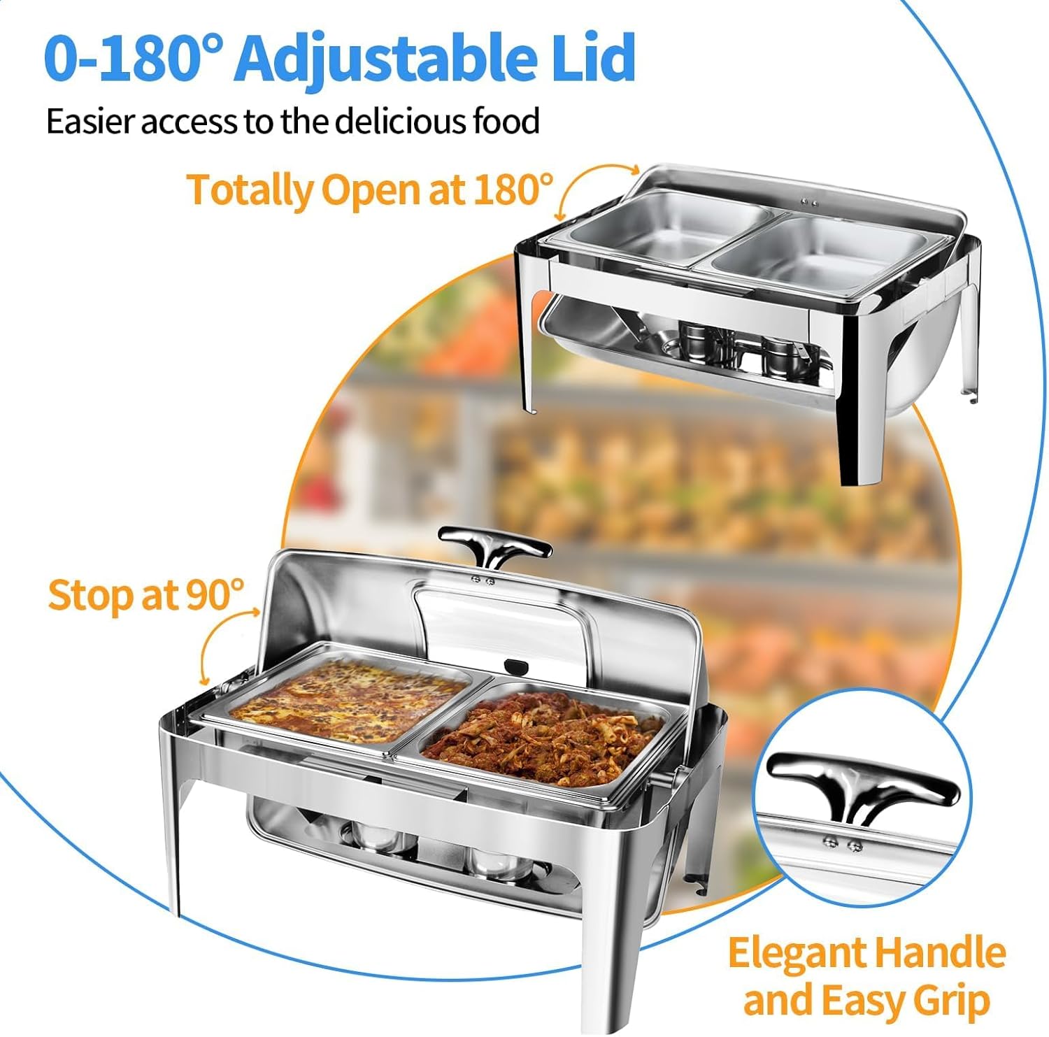13 QT Roll Top Chafing Dish Buffet Set, Stainless Steel Food Warmer with Perspective Window for Parties, Birthday, Hotels and Weddings,1 Full&2 Half&3 Third Size Food Pan and 1 Water Pan - Image 5