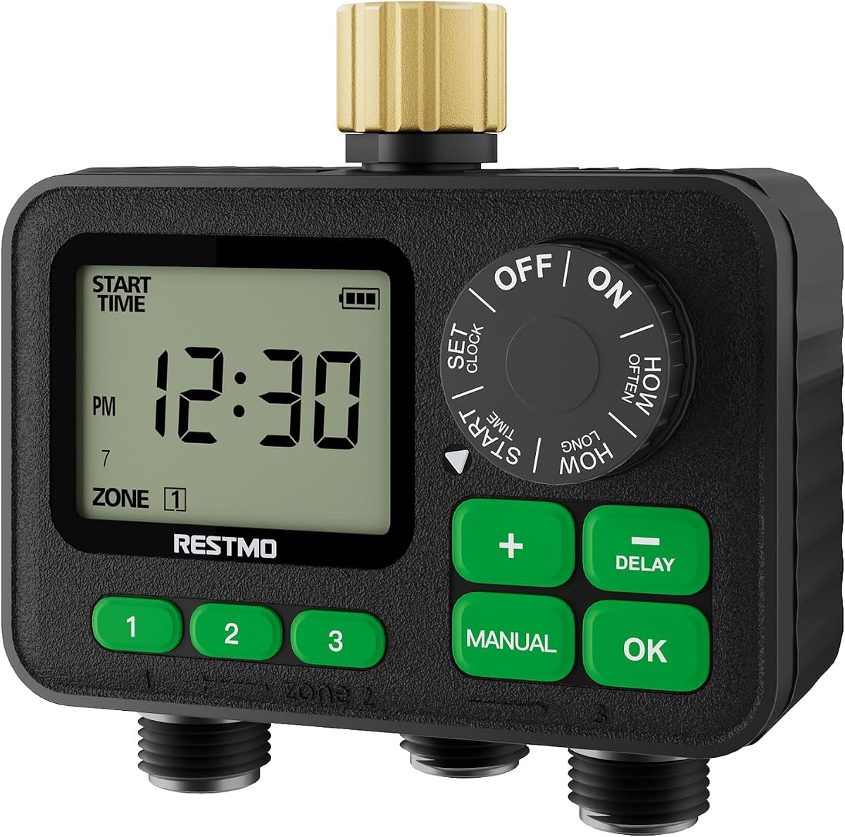 RESTMO Sprinkler Timer 3 Zone, Digital Water Timer for Garden Hose | Water Timer for Outdoor Hose Faucet 3 Zone, Programmable Watering Timer for Soaker Hose, Misting with Brass Inlet