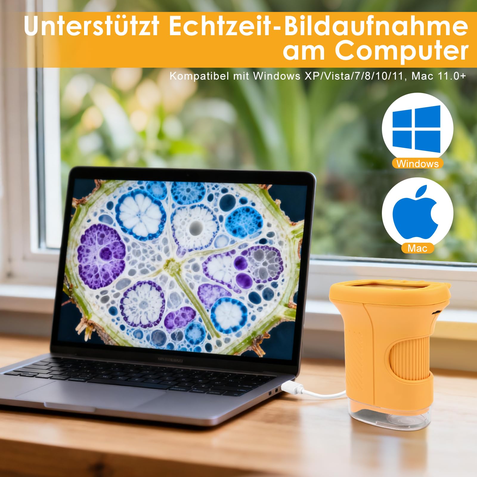 Mikroskop für Kinder 1000X 4K Digitales Mikroskop für Kinder mit 1080P HD 2,4″ IPS-Display & 8 LED, 1080P HD Tragbares Mikroskops,USB-aufladbar,Science Draussen ab 3 Jahren (Orange)