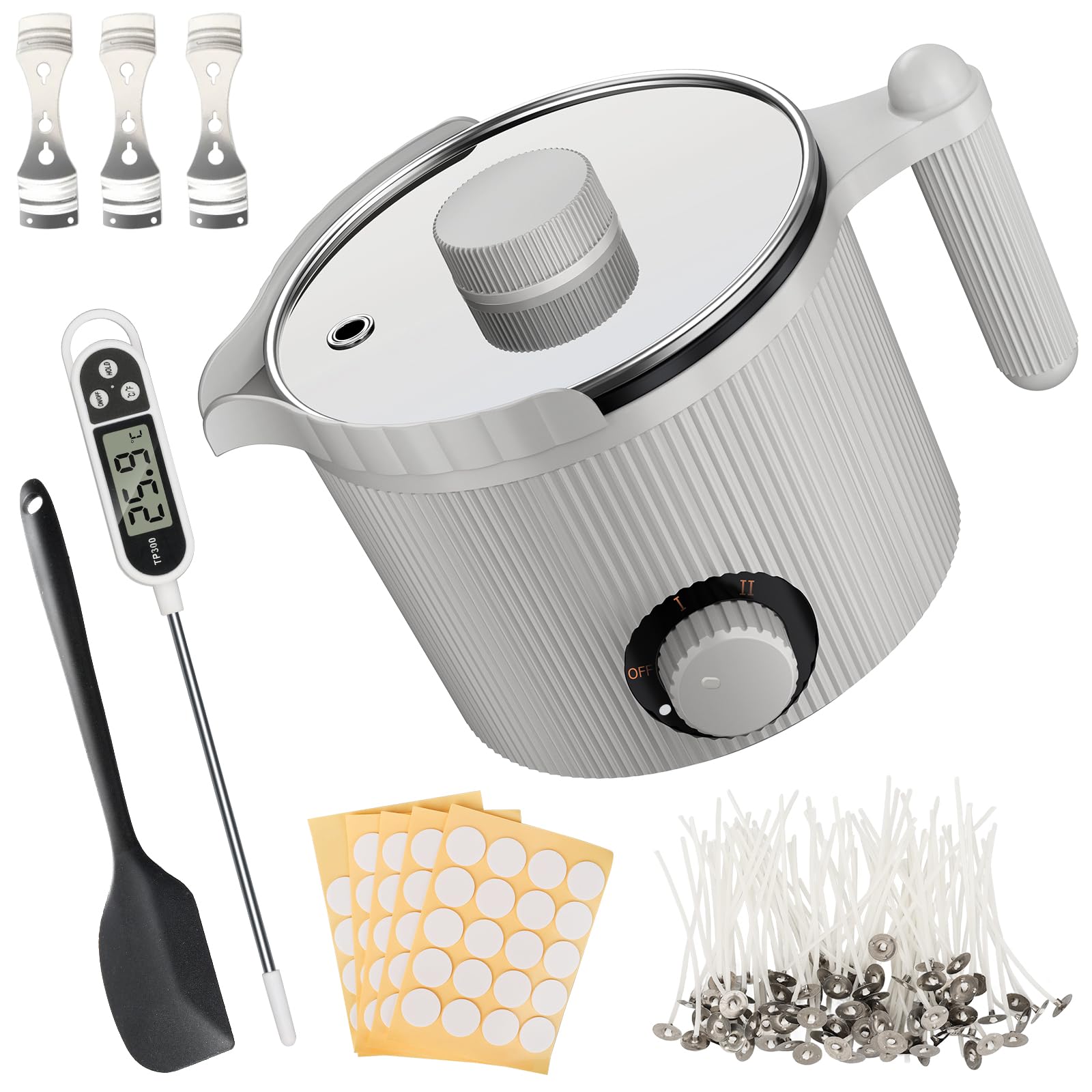 venpow Wachsschmelztopf, kerzen selber machen set für erwachsene Anfänger, für die Kerzenherstellung, Set inkl Wachsschmelzer, Rührlöffel, Thermometer, Docht, Aufkleber und Zentriervorrichtung - Grau