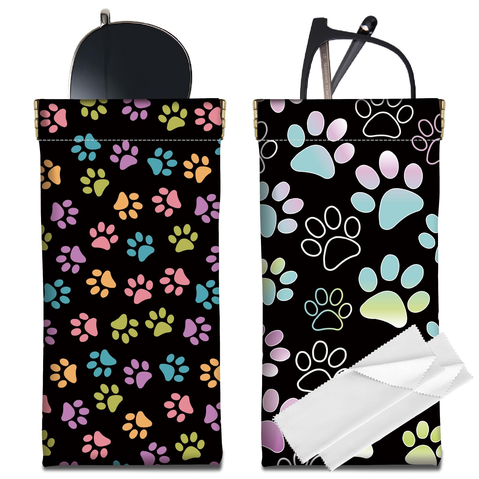 Photo 1 of **** CARRY CASES ONLY ****** CREATCABIN 2Pcs PU Leather Glasses Case Soft Sunglasses Case Bags Slim Spectacle Eyeglasses Holder Pouch Travel Portable Squeeze Top with Cleaning Cloth Gift for Women Men Paw Print 7x3.5in