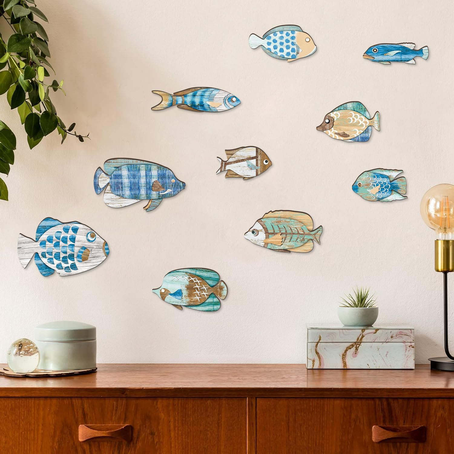 10 Pcs Coastal Wall Decor Wooden Fish Wall Decor School of Fish Beach Art image 2