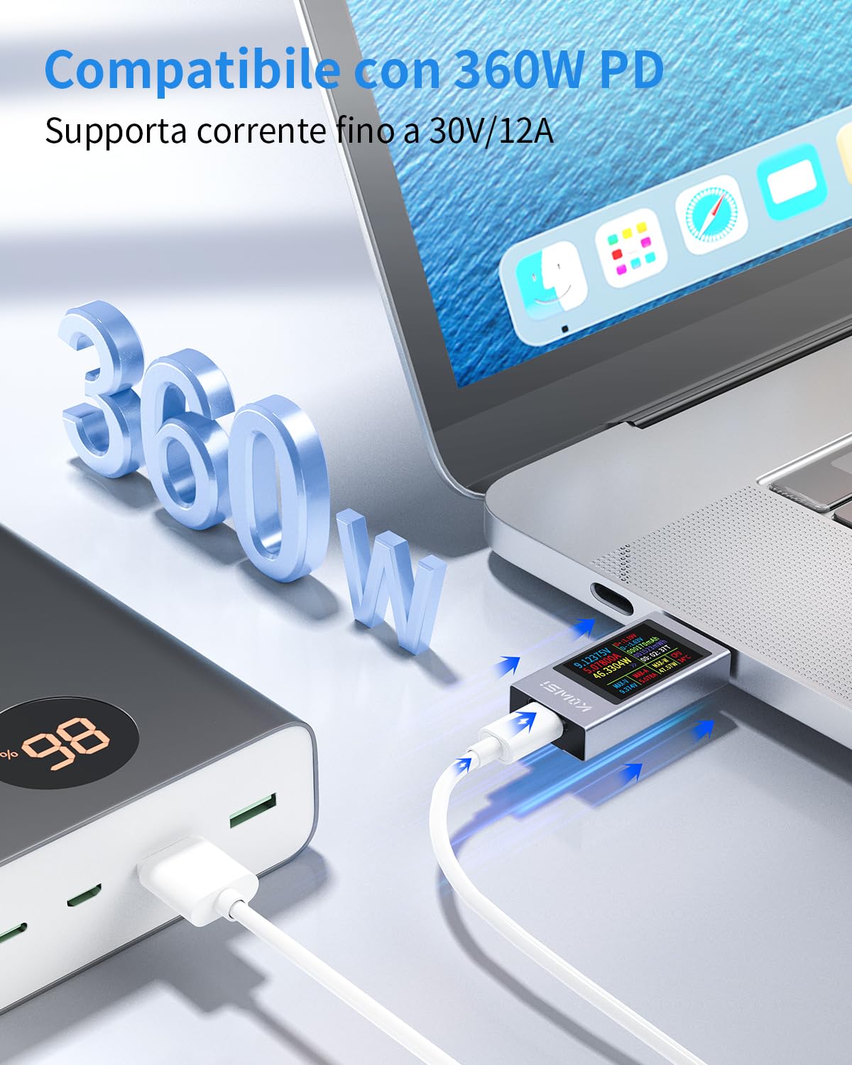 360W Tester USB C Multimetro Digitale 4-30V 0-12A USB Voltmetro Volt Amperometro, Tester di Tensione e Corrente Rilevatore Carica Batteria Caricabatterie USB Tester Elettrico