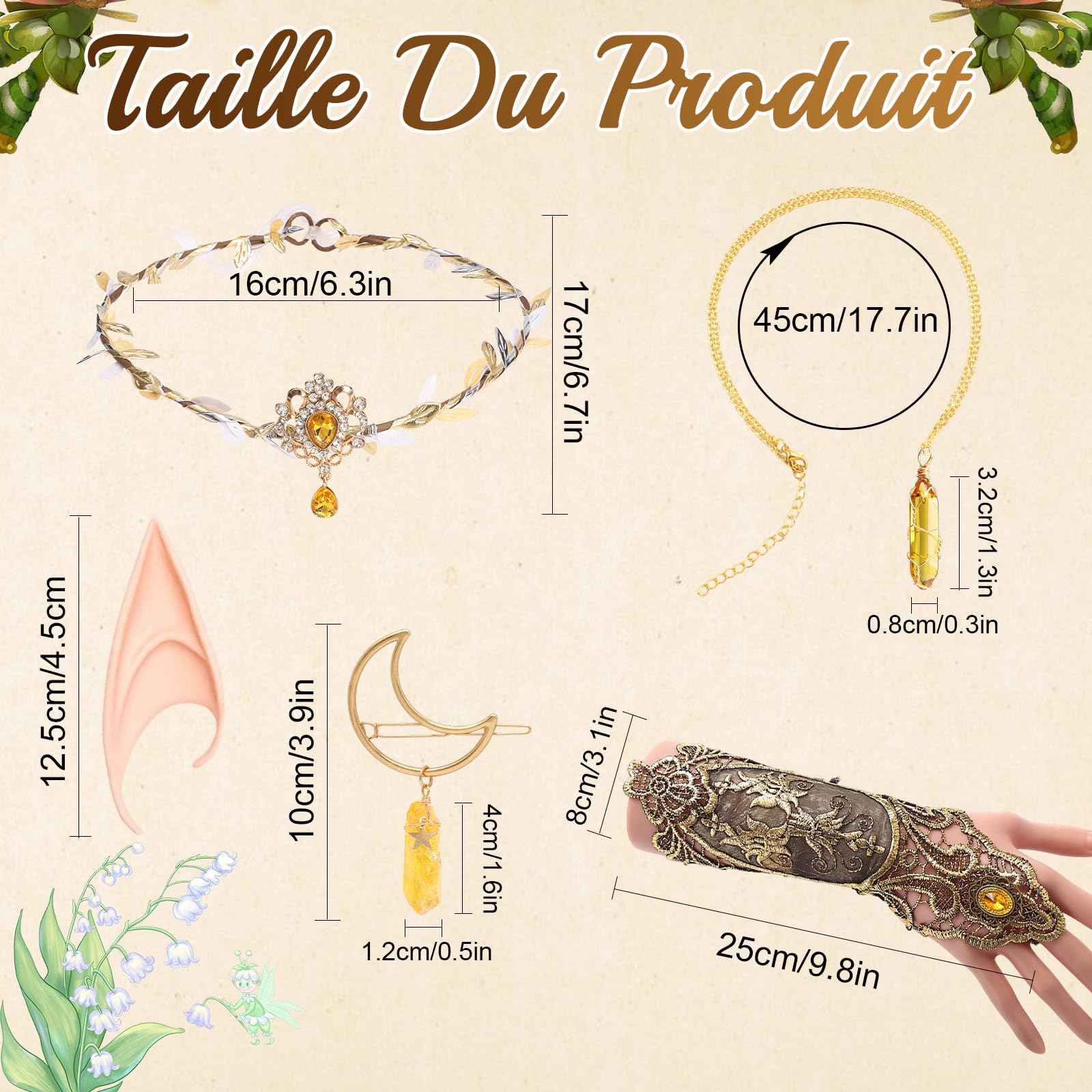 Beamely Elf Costume Set for Women, Forest Fairy Ears Accessories with Floral Wreath Gloves, Fairy Ears, Necklace, Renessance Elf Set, Forest Fairy Ears Set für Halloween Carnival Theme Party