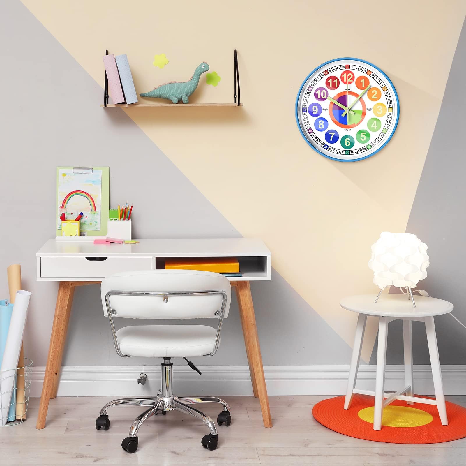 Lernuhr für Kinder, leuchtet im Dunkeln, Wanduhr für Schlafzimmer, 30,5 cm, leises Nachtlicht, Kinder-Wanduhr, bunt beleuchtet, Uhrzeit, Lehruhr, Kinderzimmer-Dekor (beleuchtetes Blaugrün)