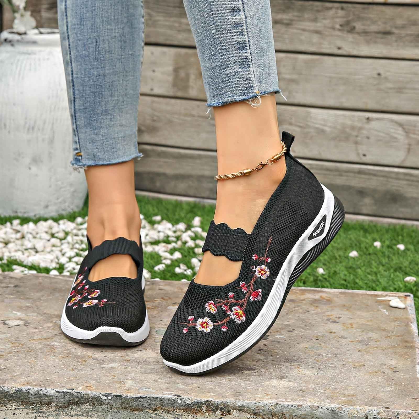 Famzuneu Orthopädische Schuhe Damen Marlene Sneaker mit Stickerei Diabetiker Sommerschuhe Leicht Krankenschwester Turnschuhe Atmungsaktive Mesh Bequeme Schlupfschuhe