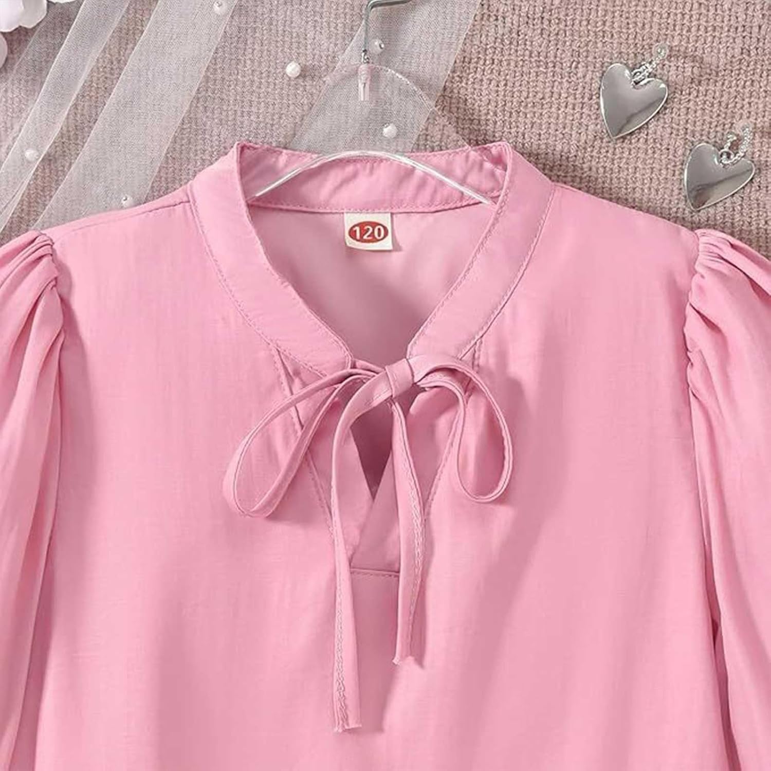 Teen Girls Ruffled Blouse Puff Long Sleeve Tops Mandarin Collar Dress Shirts Oversized V-Neck Blouse Dressy Casual Tops