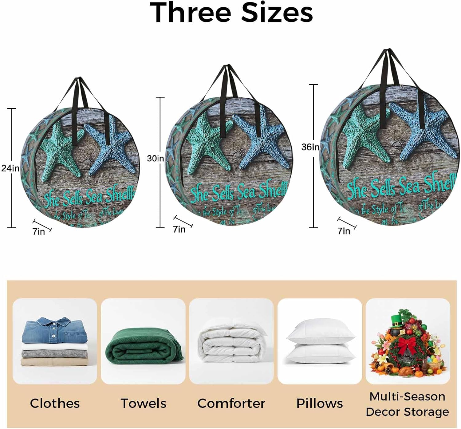 Blue Green Starfish Round Storage Bag 36 Inch, Coastal Ocean Farmhosue Wood Plank Clothes Storage Container with Handles Heavy Duty Organizer for Comforter, Bedding & Holiday Wreaths