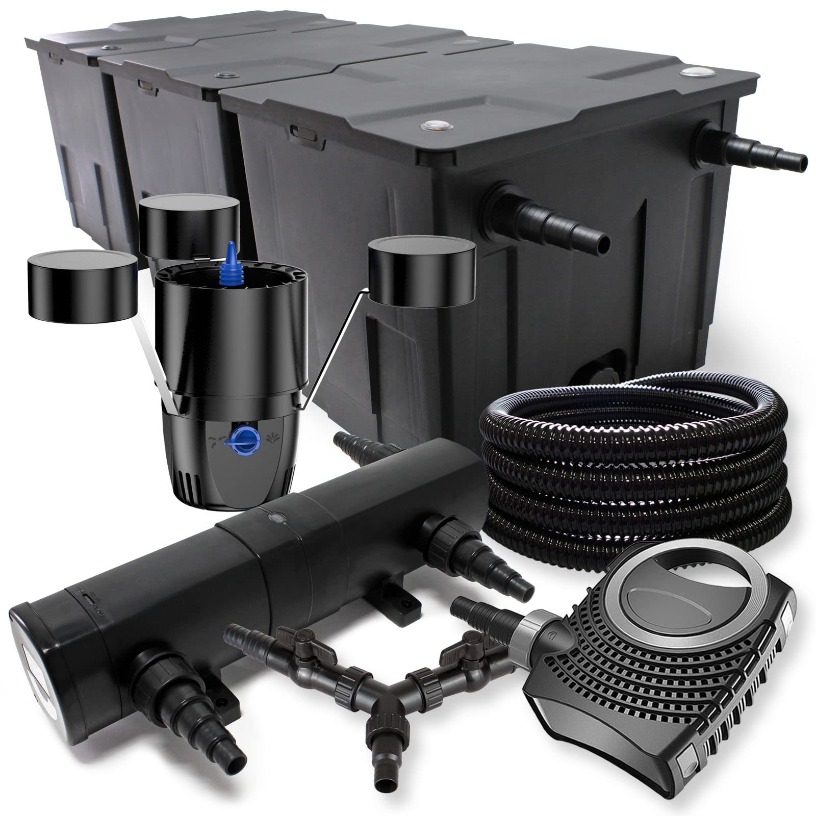 SunSun CBF-350C Teichfilter bis 90000 L, NEO10000 Teichpumpe 10000l/h 80W, CUV-236 Teichklärer 36W, CSP-250 Skimmer 2500l/h 45W, 25m Teichschlauch 25mm, Y-Verteiler