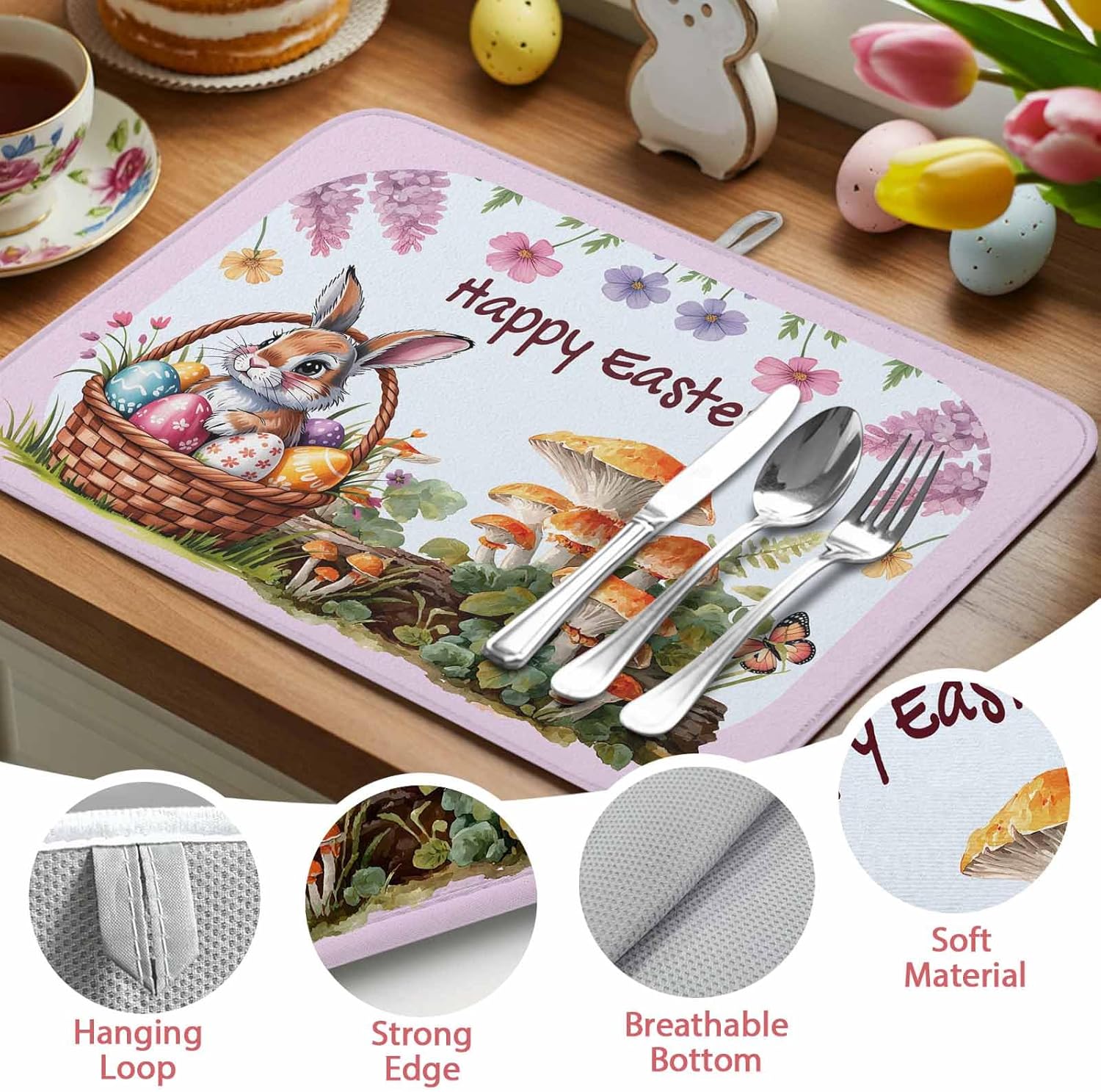 Absorbent Dish Drying Mat for Kitchen Counter,Happy Easter Rabbit Eggs Flower Microfiber Quick Dry Pad Dishes Drainer Rack Mats for Under Sink Utensils 18x24in,2 Pack,Farm Mushroom Plant