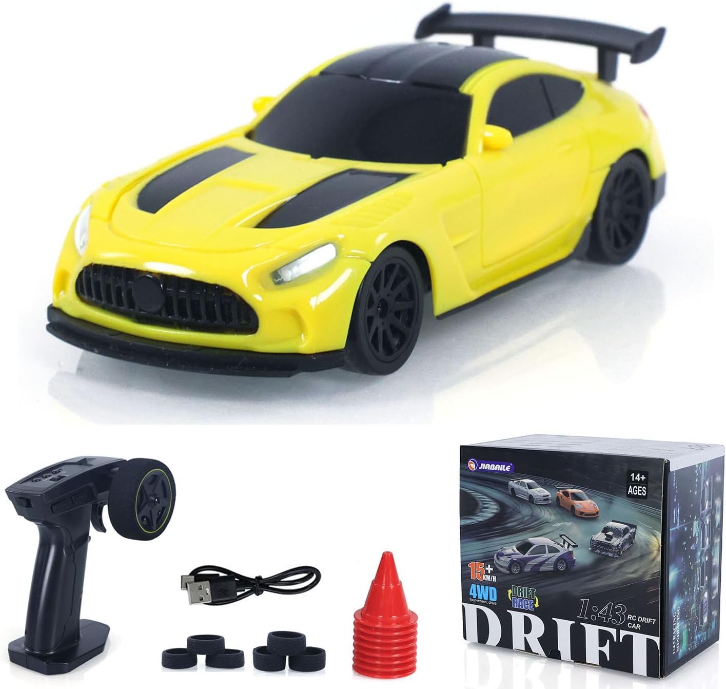 US in Stock, RTR 4310 1/43 Remote Control Drift Car 4WD RC Racing Vehicles Radio Battery Light Effects No Sounds Mini Car Toy Model Gift Hobby Grade Model for Ages 14+(Yello)