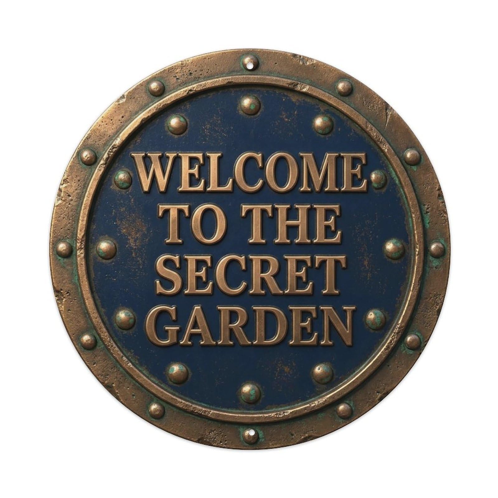 Vintage Welcome Secret Garden Bronze Navy Riveted Metal Tin Sign