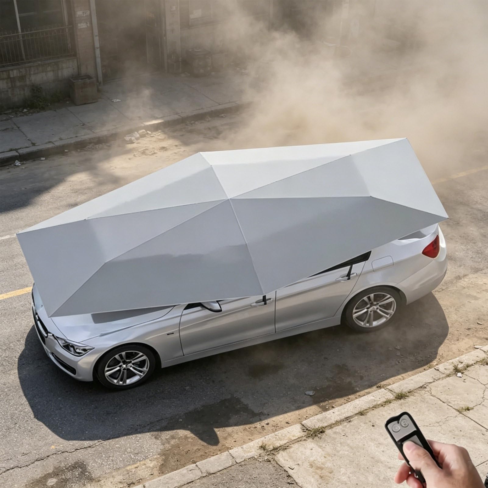 Pvxa 2-in-1 automatic carport and outdoor umbrella, Fully Automatic Car Umbrella with Remote Control, One-touch Folding Car Roof Tent, for Most Vehicles Grey-5.2M