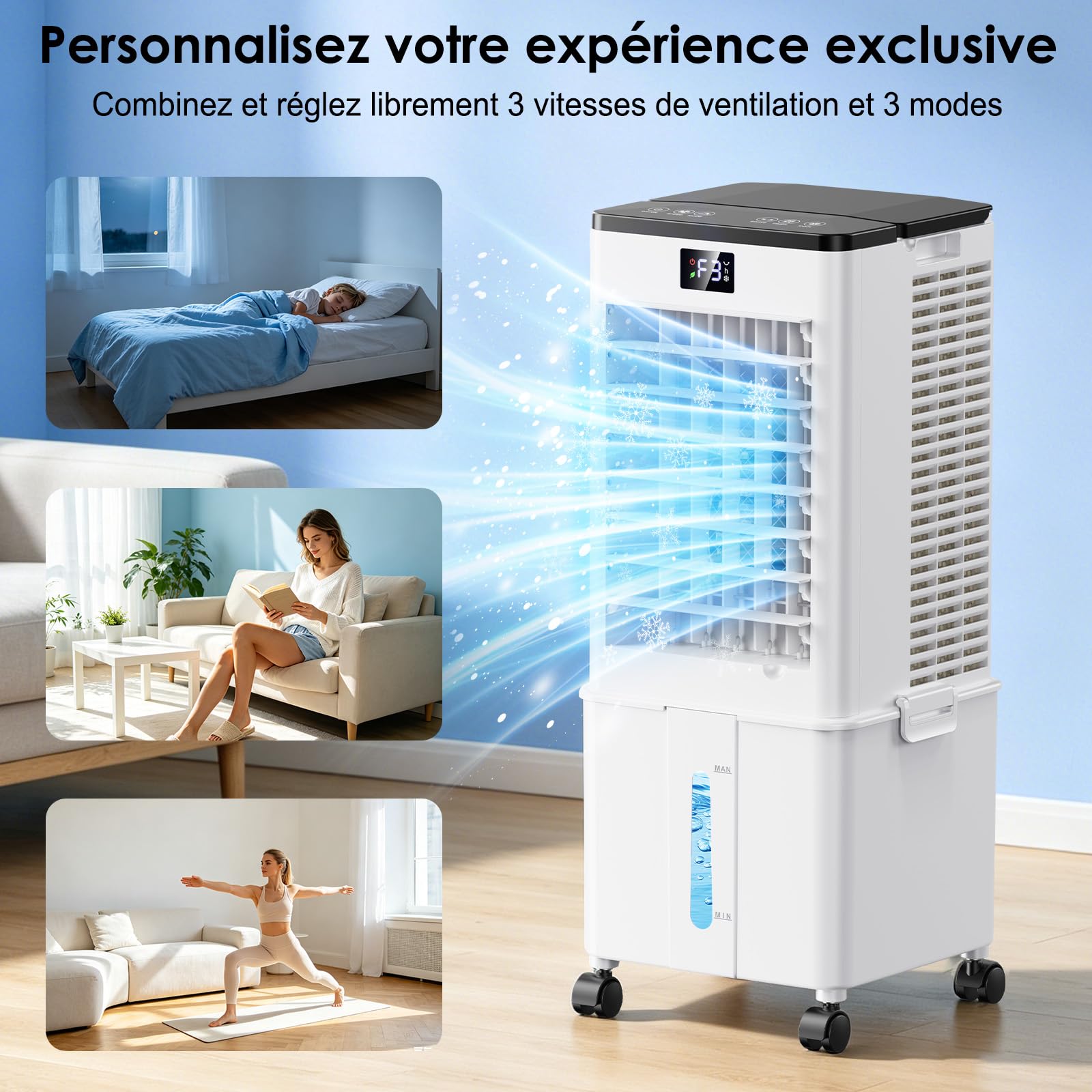 Climatiseur Mobile 10L-Amélioré, Rafraîchisseur d'Air avec Télécommande, Minuterie 1-12h, 3 Vitesses, Oscillation de 60°, Silencieux Climatiseur Portable pour Camping Chambre Cuisine(Blanc voilé)