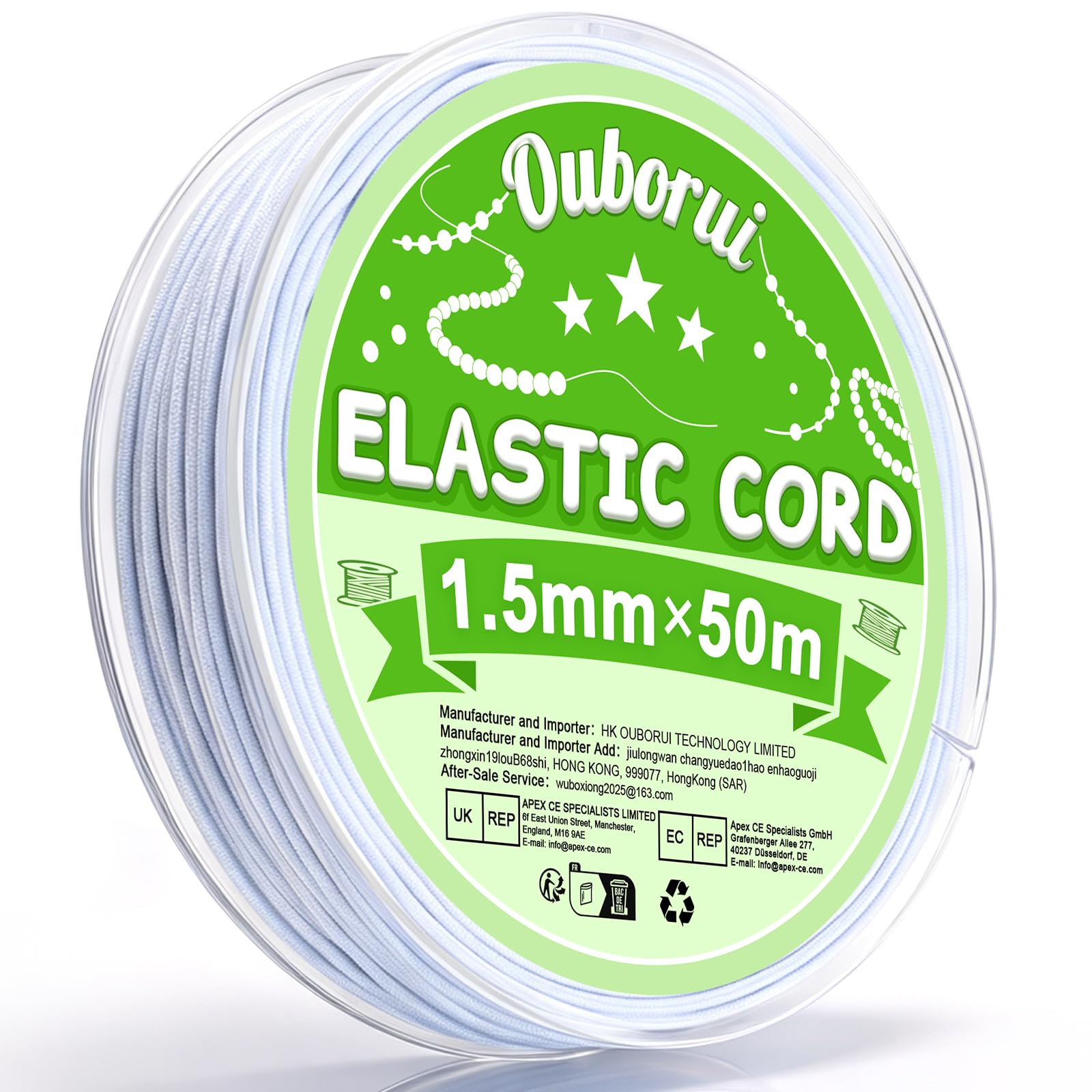 Ouborui 50M Elastic String 1.5mm White Elastic Cord for Bracelet Making