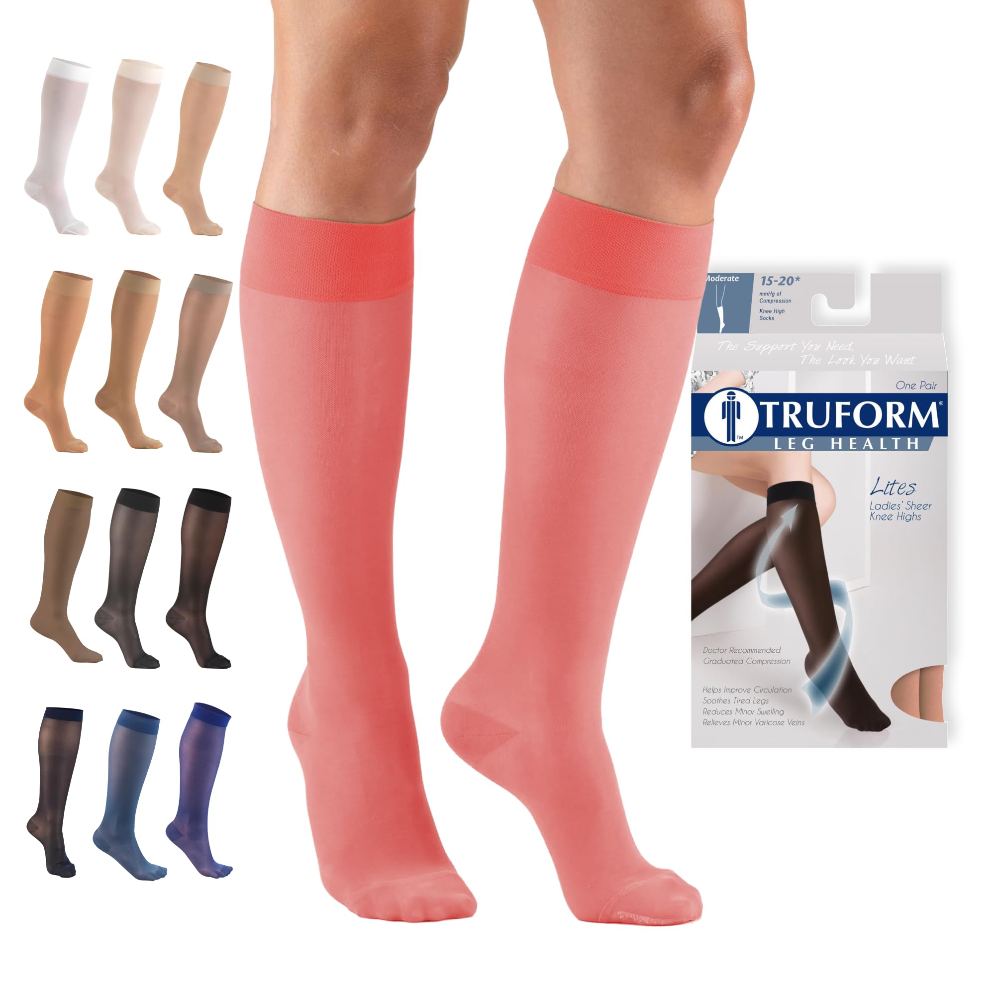 Truform Sheer Compression Stockings, 15-20 mmHg, Women's Knee High Length, 20 Denier, Pink, Small