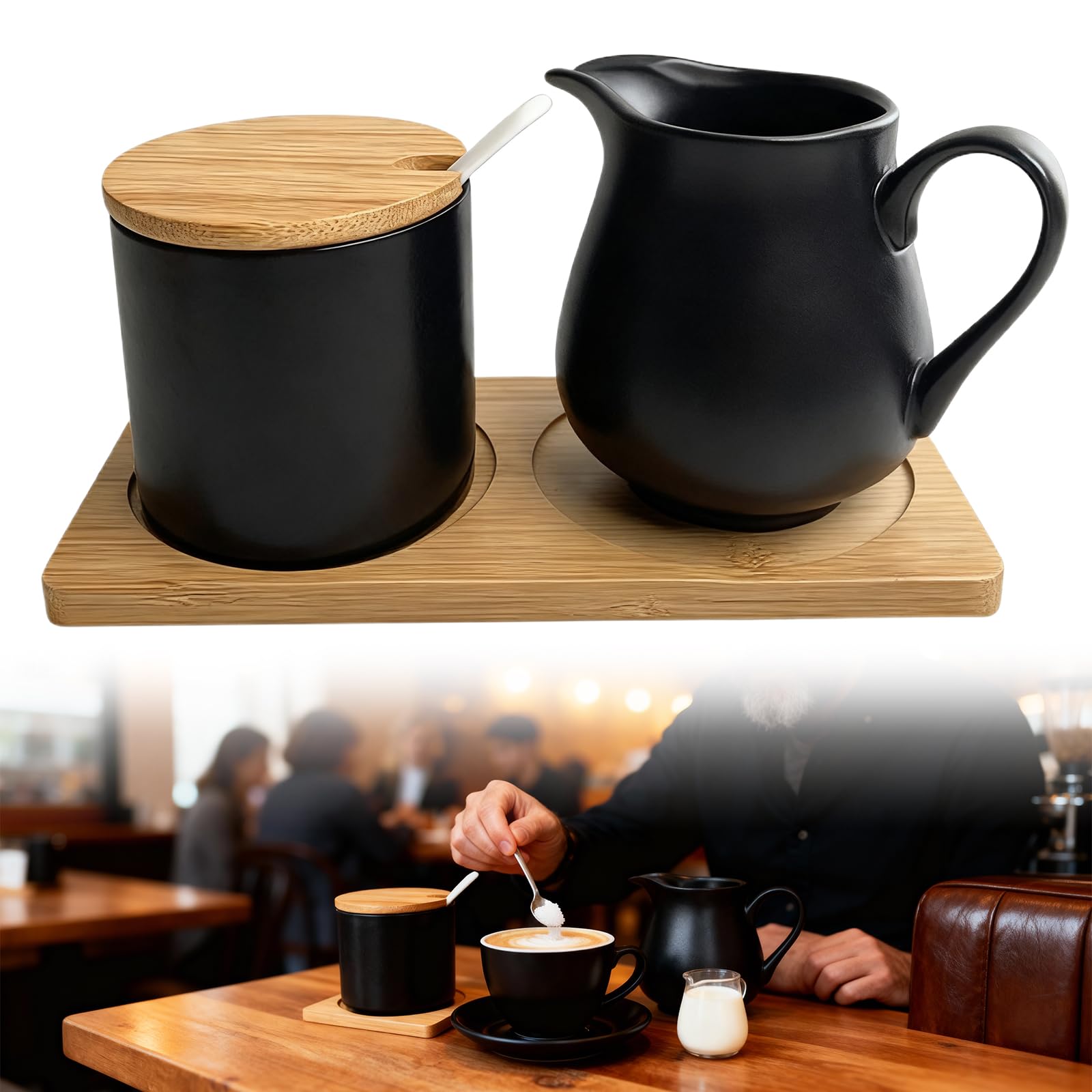 Set di latte e zucchero con coperchio e cucchiaio, in ceramica, con coperchio in bambù e zuccheriera, incluso vassoio in legno, lavabile in lavastoviglie, ideale per caffè, tazze da cappuccino e
