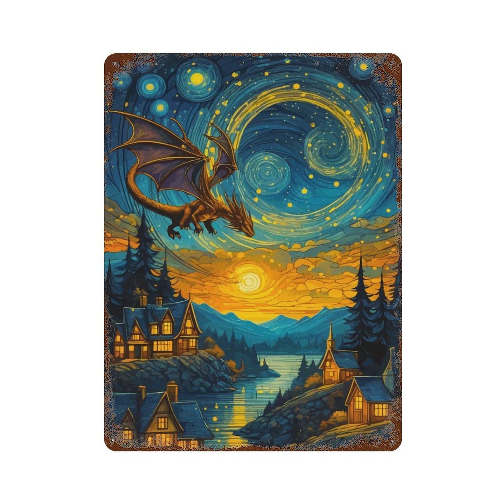Dragon in Starry Night Vintage Wall Sign 15.7"x11.8", Rust Effect Metal Decor for Farmhouse, Kitchen And Entryway Decor