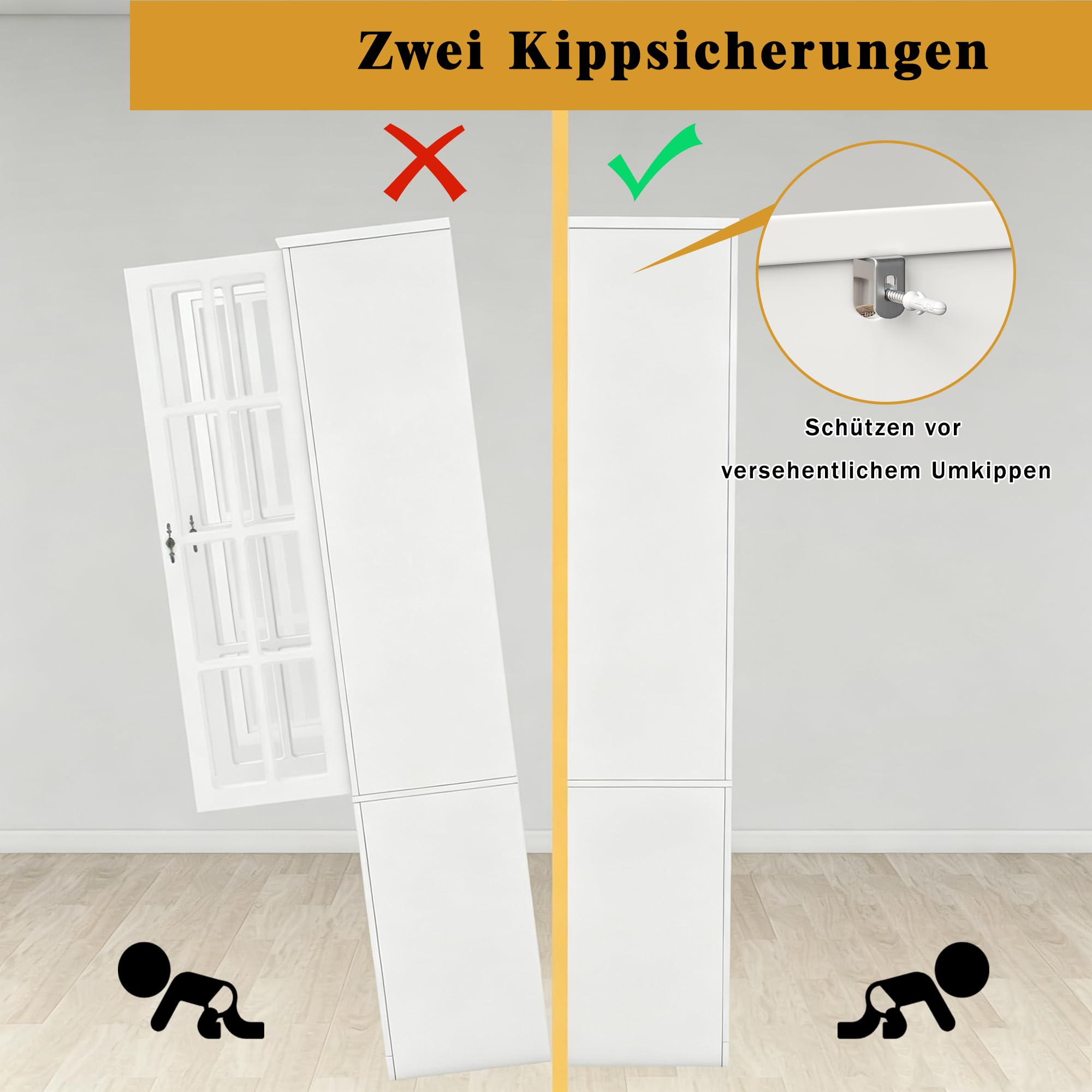 Kebnor Hochbuffetschrank 180cm Weiß mit App-RGB-LED, gewölbte Glastüren, Weinregal & Anti-Kipp-Vorrichtung, verstellbare Einlegeböden
