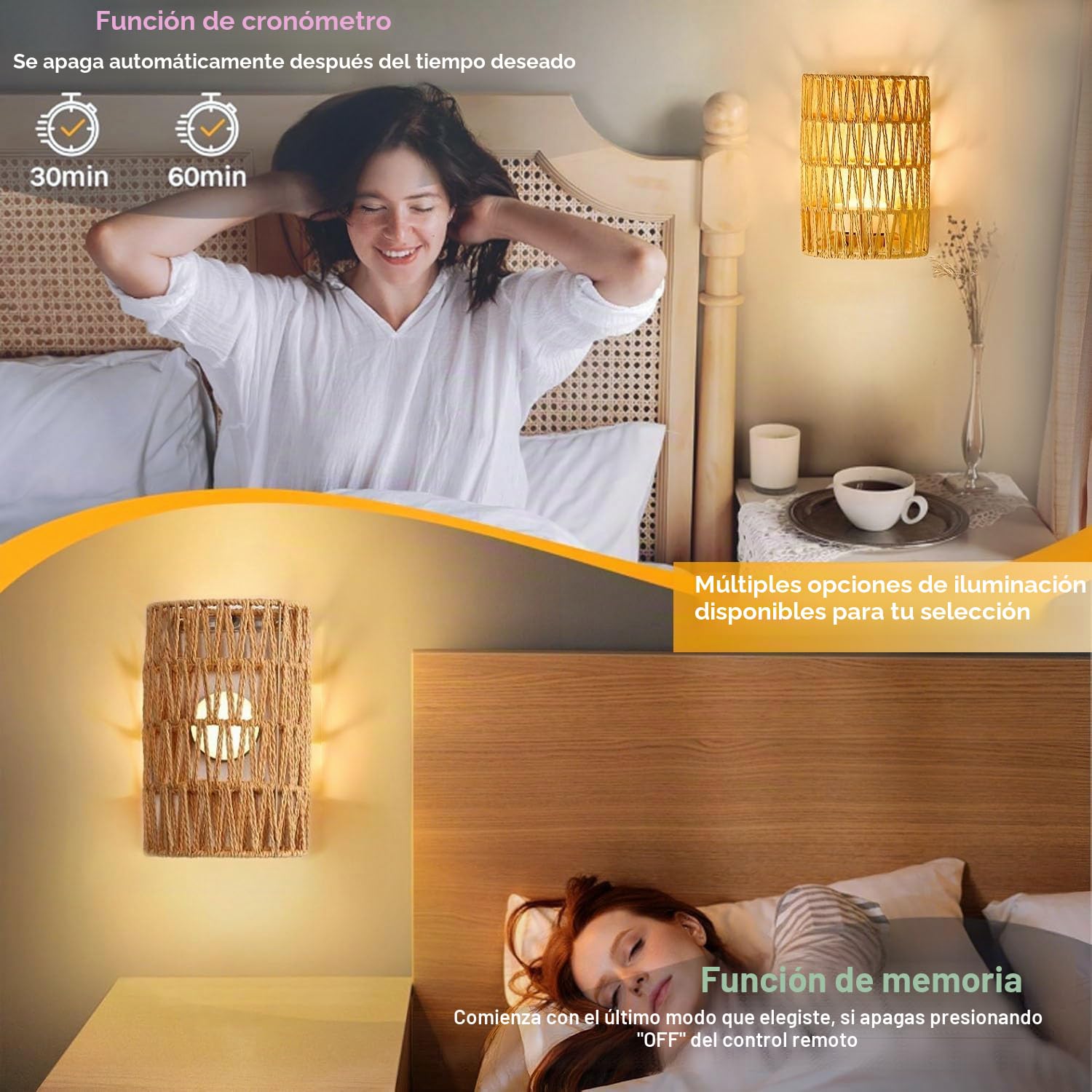 2 lámparas de pared de ratán, estilo bohemio, con batería, sin conexión de alimentación, RGB, regulables, con mando a distancia, retro, para dormitorio, salón, pasillo