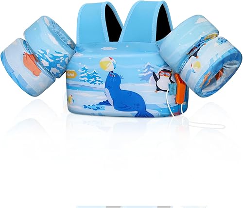 Vista 16 de MoKo - Chaleco de natación para niños entre 20, 30, 40 y 50 libras, banda para los brazos bonita con caricaturas, para piscina o deportes acuáticos