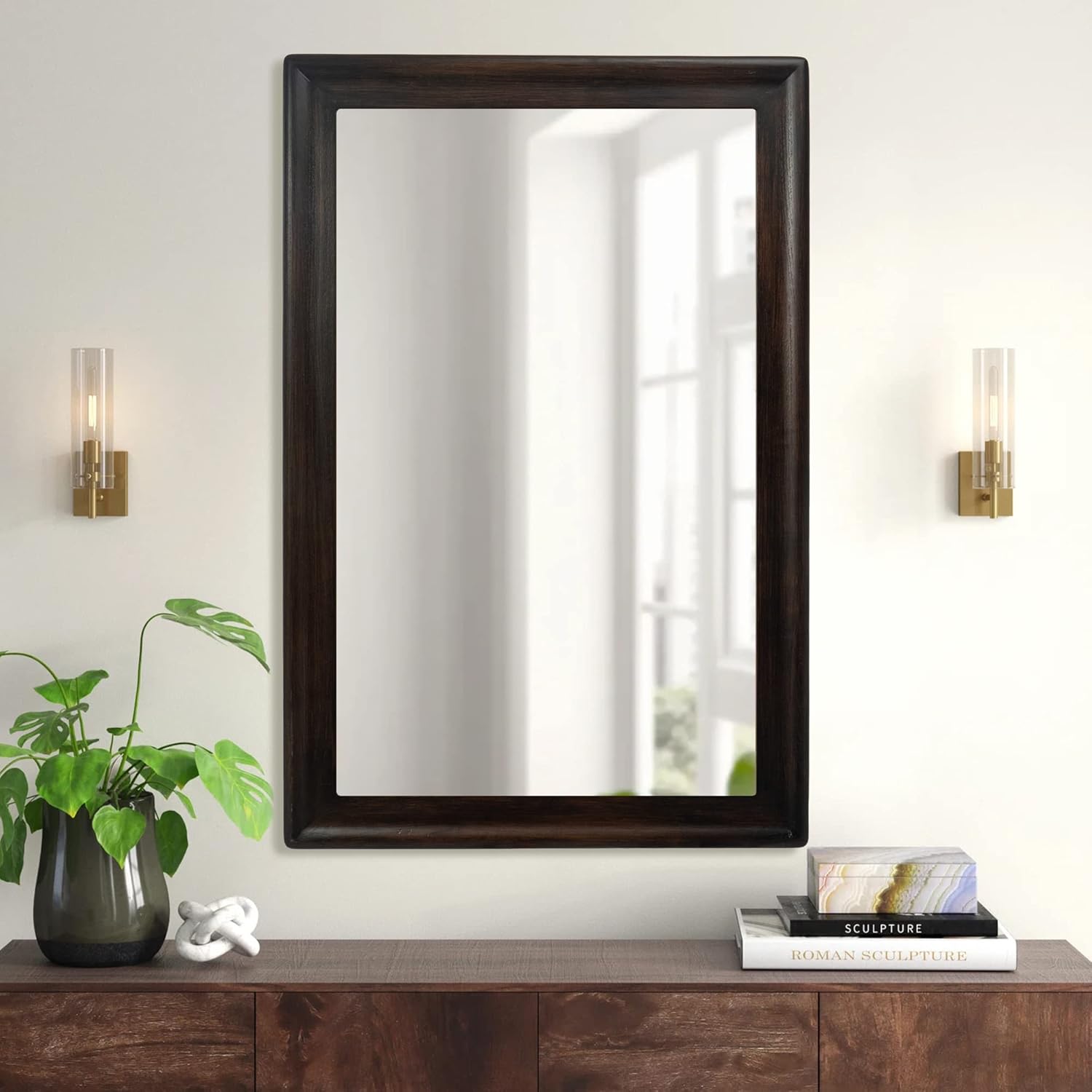 Wood Framed Mirror for Bathroom,Rectangle Rustic 24 x 36 inch Vanity Mirror for Wall,Wooden Wall-Mounted Hanging Mirror for Entryway,Bedroom or Living Room(Dark Walnut) 24x36 inch Dark Walnut