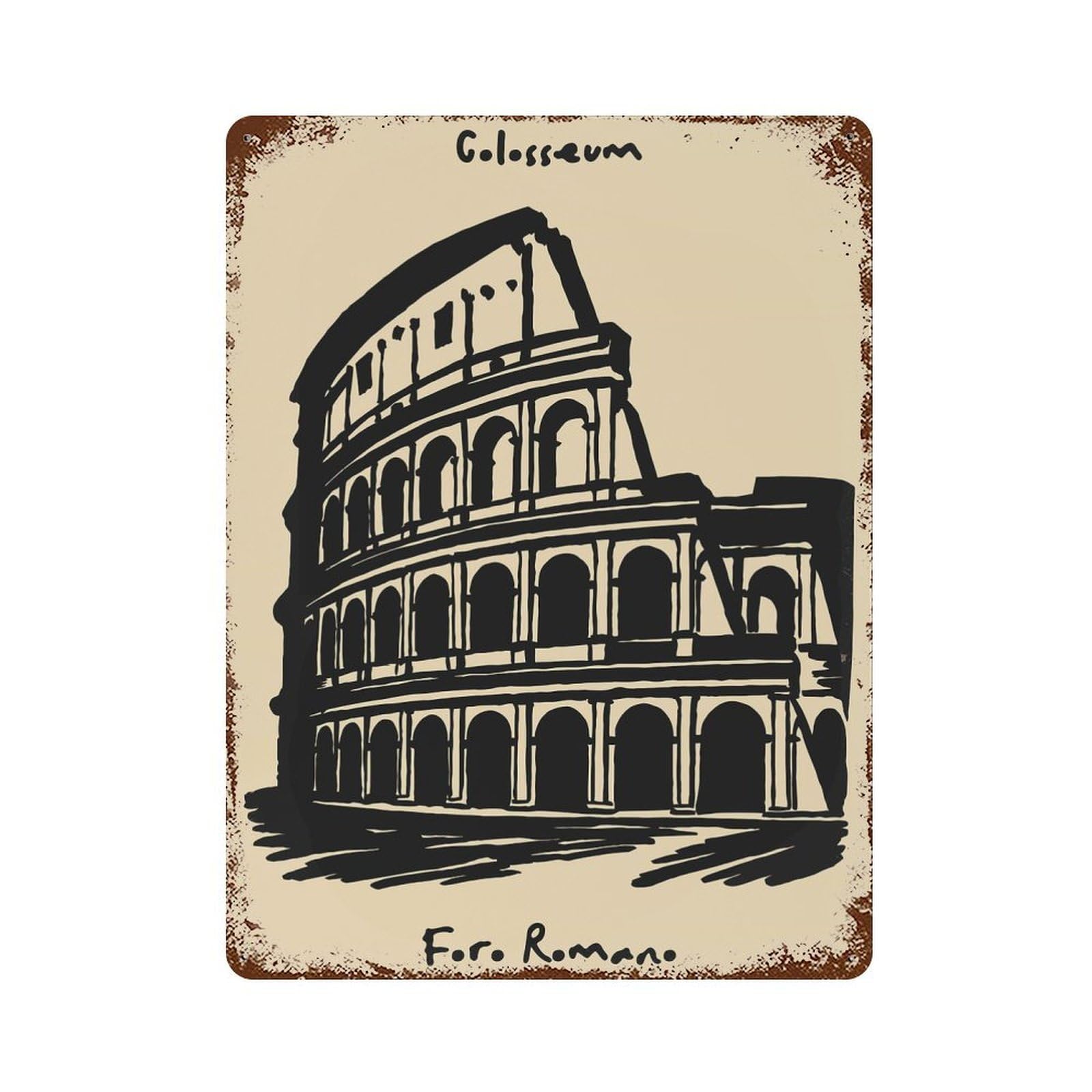 Colosseum And Foro Romano Illustration 15.7"x11.8" Distressed Metal Wall Sign, Retro Wall Decor for Garage, Bar And Workshop Decor
