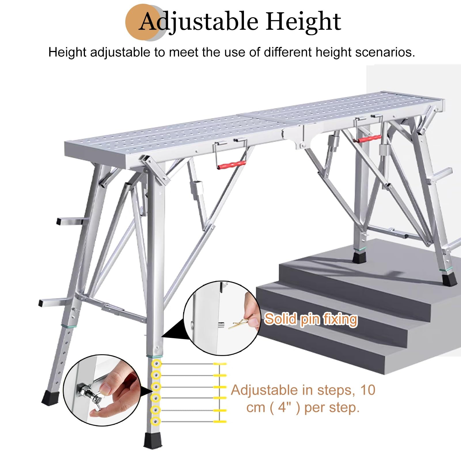 Torre per ponteggi in acciaio zincato con superficie antiscivolo, piattaforma di lavoro regolabile per elevata capacità di carico, set di scale per impalcatura stabile e pieghevole (L140 x W30 cm)