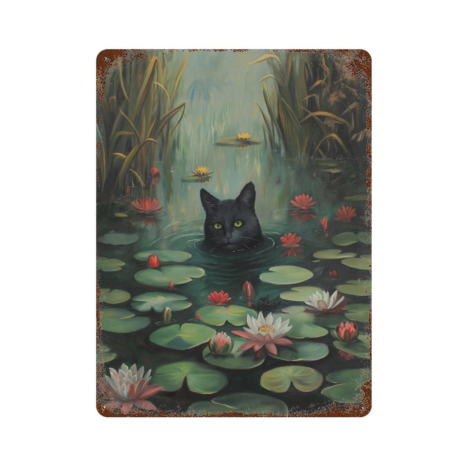 Black Cat River Swimming Rustic Tin Plaque 15.7"x11.8", for Shed, Workshop And Garage Wall Decor, Farmhouse Wall Decor