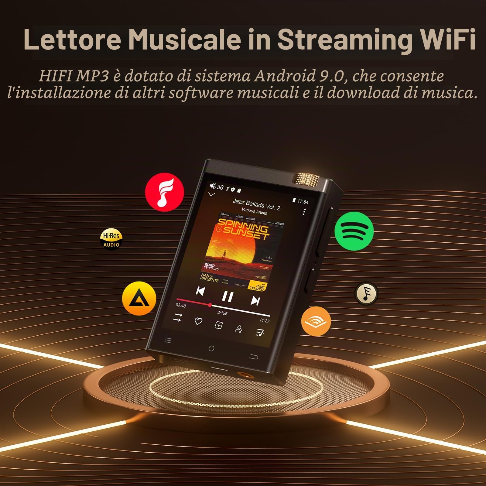 Lettore MP3 HiFi con Bluetooth e WiFi, Oilsky 80GB Spotify MP3, 2,8'' Lettore di Musicale Digitale 512DSD ad Alta Fidelità Senza Perdite, Android 9.0 (nero)
