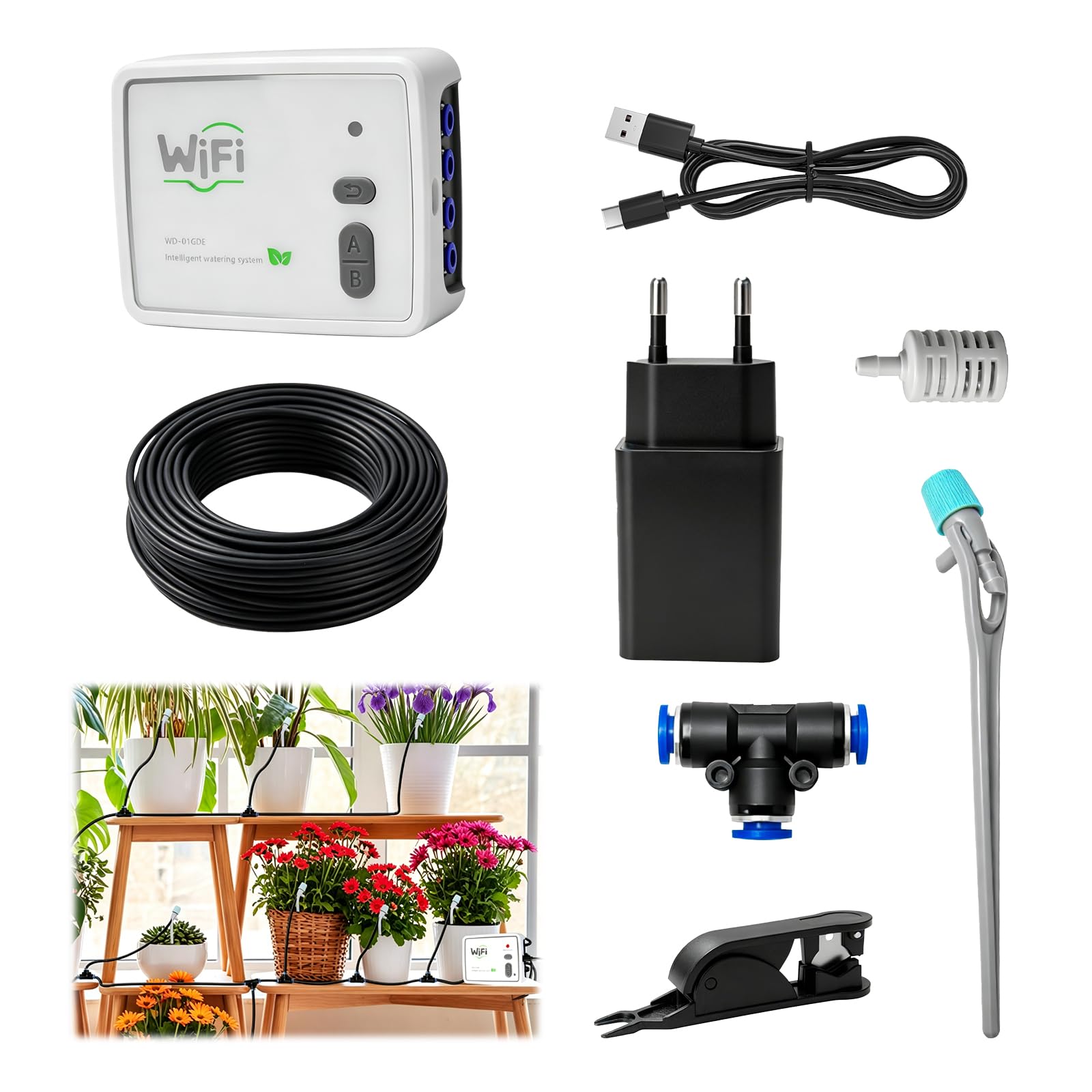 Sistema De Riego Automático Wifi, Sistema Inteligente De Riego Por Goteo De Doble Bomba, Controlable a Través De La Aplicación, Juego De Riego Por Goteo Ajustable, Adecuado Para Plantas Interiores