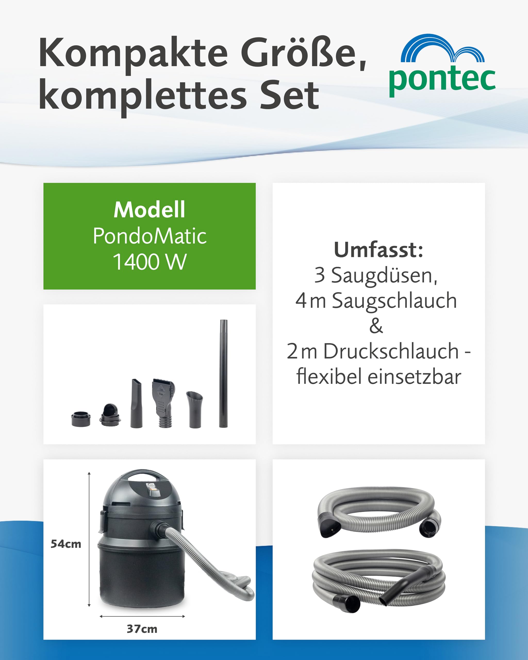 Pontec Pondomatic Teichschlammsauger (1400 W) Teichsauger Schlammsauger Teich für einen Sauberen Teichboden, 30 L Auffangvolumen, Inklusive 3 Düsen und 4 M Kabel, 2 Jahre Garantie, Deutsche Technik