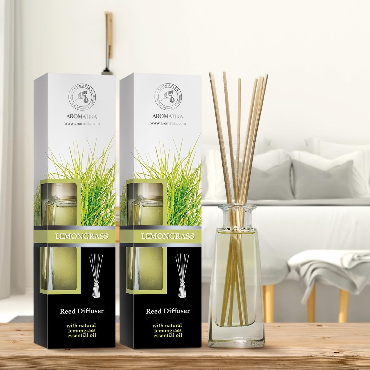 Raumduft Diffuser Set Lemongras mit Ätherischem Lemongras Öl 2x100ml - Raumduft Stäbchen - Aromadiffusers - Lufterfrischer - Duftdiffusor - Raumbeduftung - Reed Diffuser - Zitronengras Duft