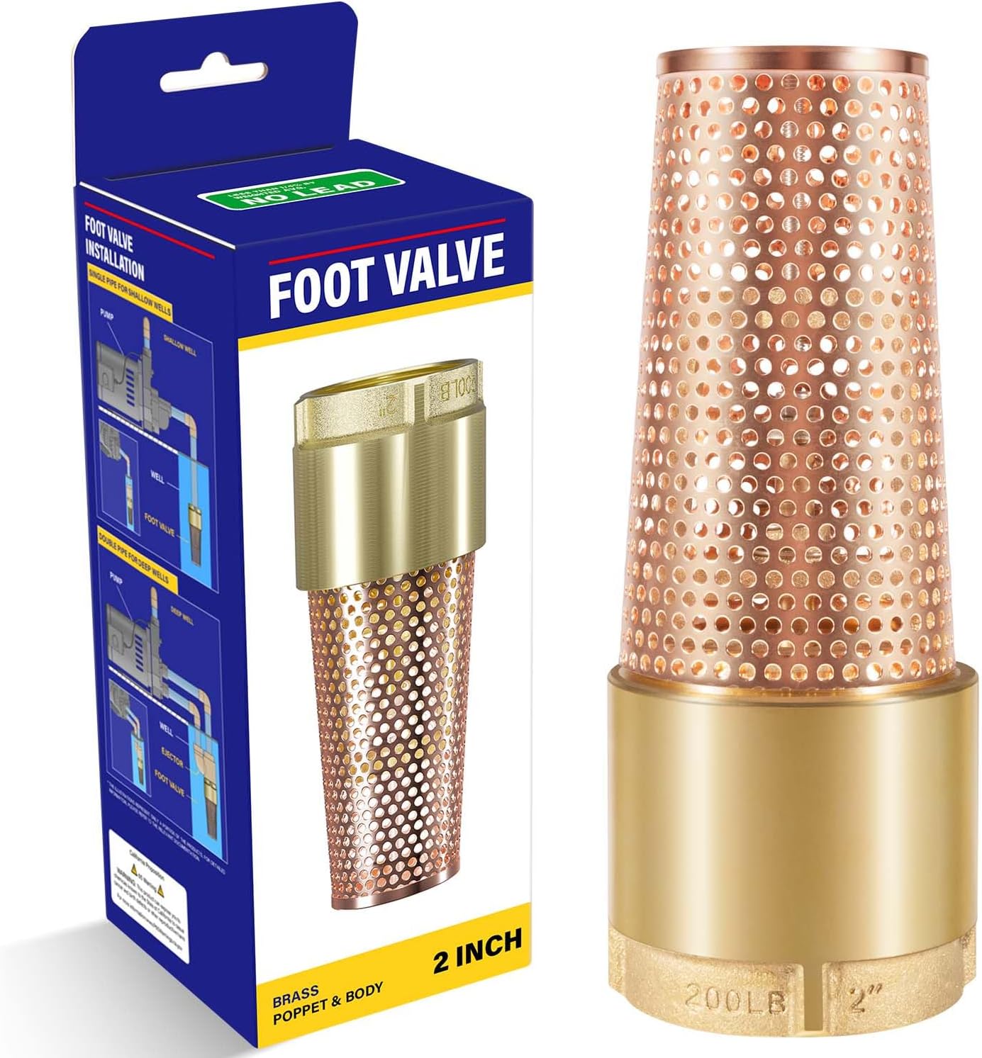 2" One-Way Foot Valve, No-Lead Brass With ZEBRA MUSSEL Strainer to Filter Impurities, No Return Valves Prevent Backflow of Media for Irrigation Water Pump