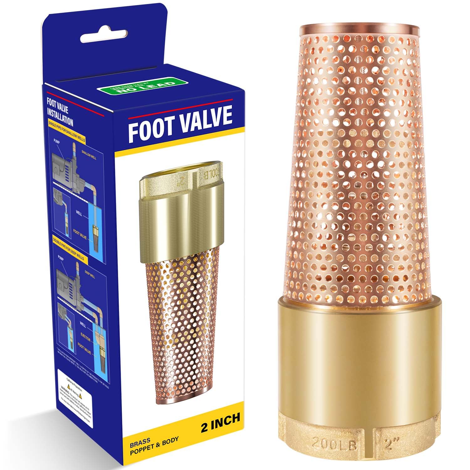 2" One-Way Foot Valve, No-Lead Brass With ZEBRA MUSSEL Strainer to Filter Impurities, No Return Valves Prevent Backflow of Media for Irrigation Water Pump