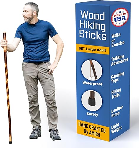 Miniatura 10 de Bastón de madera hecho a mano para hombres, mujeres y personas mayores con correa de muñeca de cuero genuino para senderismo, caminatas y senderismo
